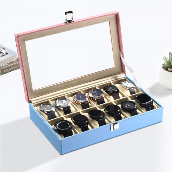 Faux Leather See Through Wrist Watch Organiser Box for Men  Women  Watches Collection Case with Removable Pillows  Blue  Pink