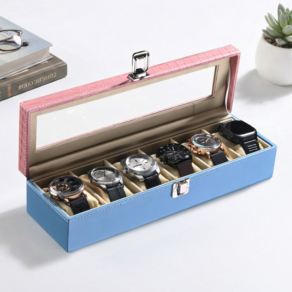 Image of Faux Leather See Through Wrist Watch Organiser Box for Men &amp; Women | Watches Collection Case with Removable Pillows | Blue &amp; Pink
