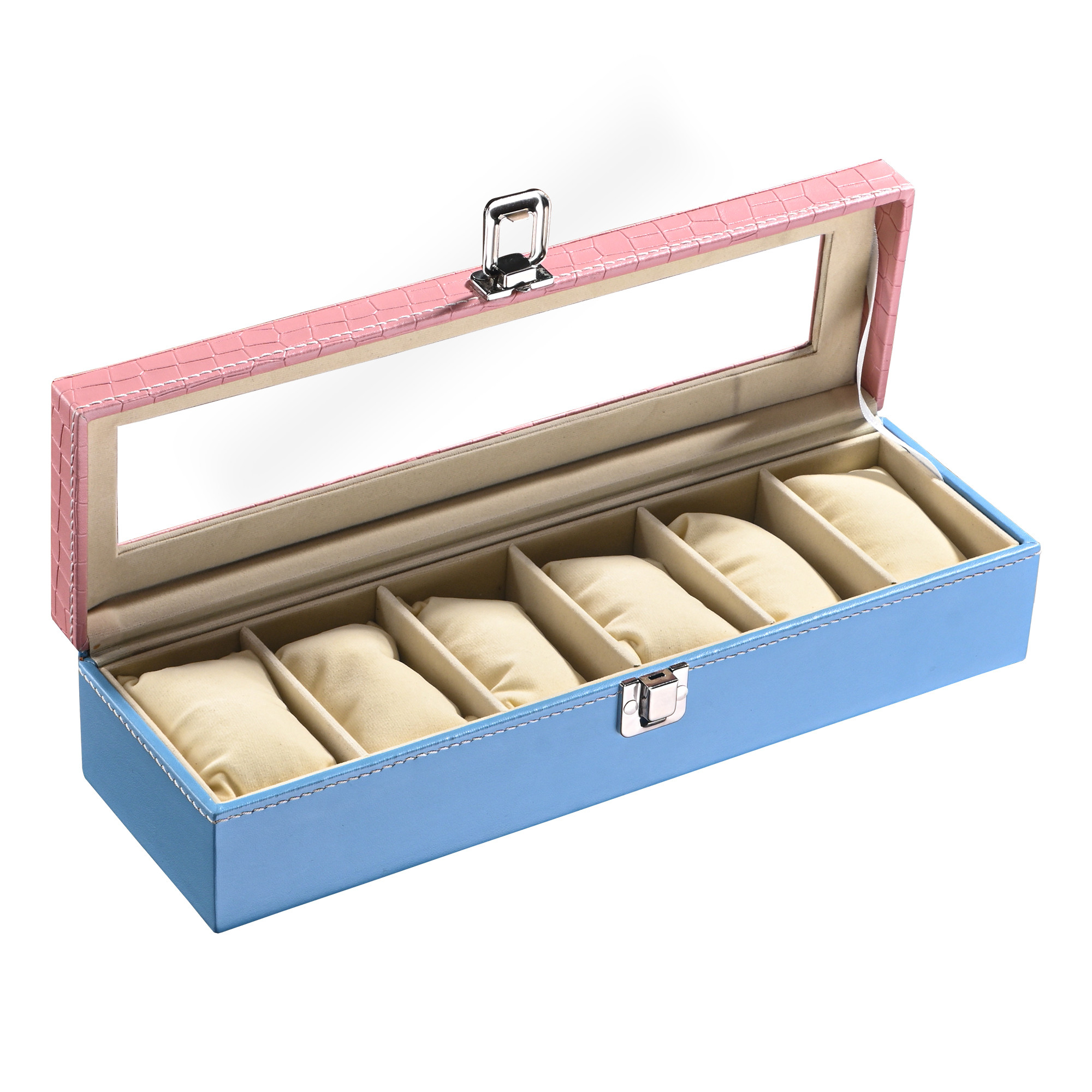 Kuber Industries Faux Leather See Through 6 Slots Wrist Watch Organiser Box for Men  Women  Watches Collection Case with Removable Pillows  Blue  Pink