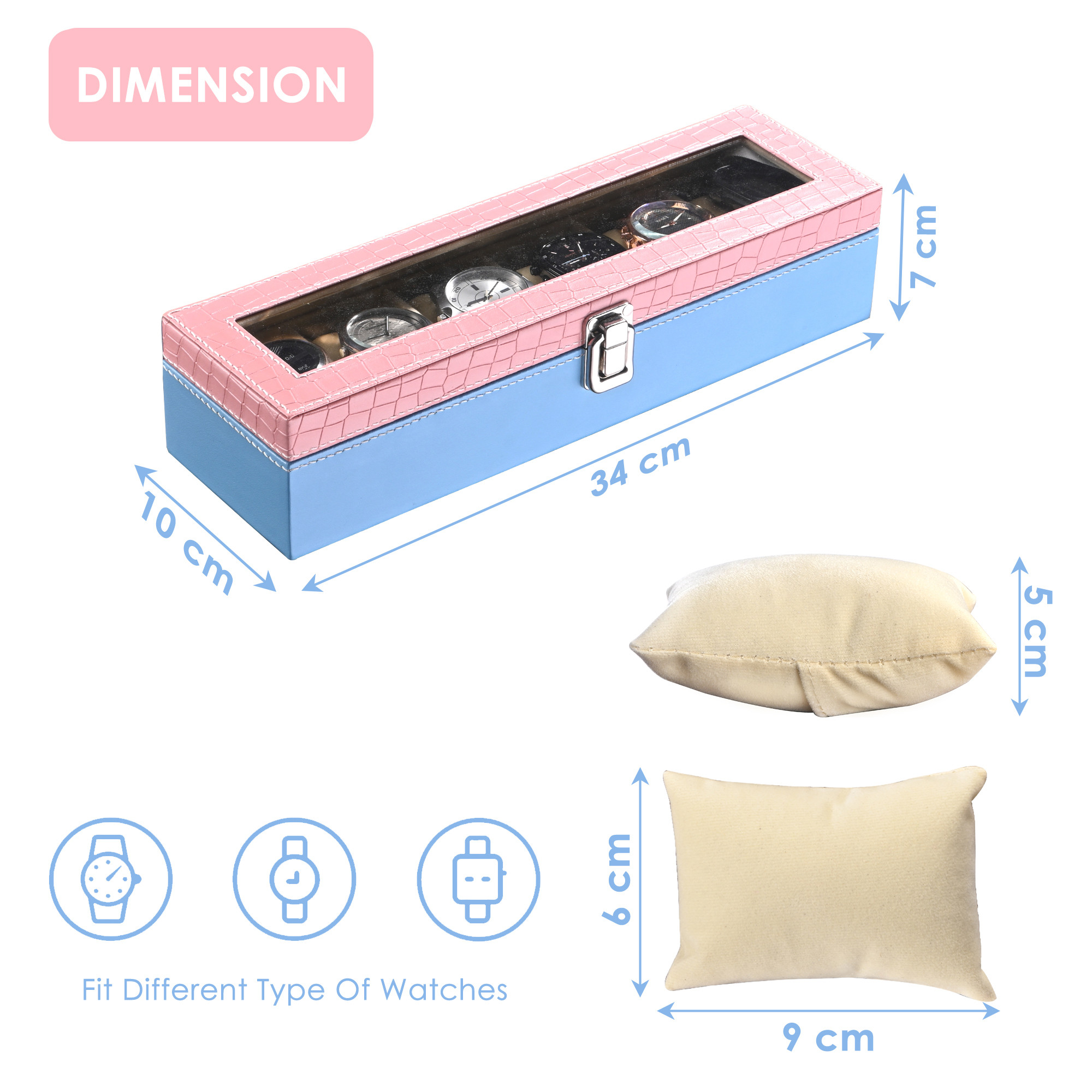 Kuber Industries Faux Leather See Through 6 Slots Wrist Watch Organiser Box for Men  Women  Watches Collection Case with Removable Pillows  Blue  Pink