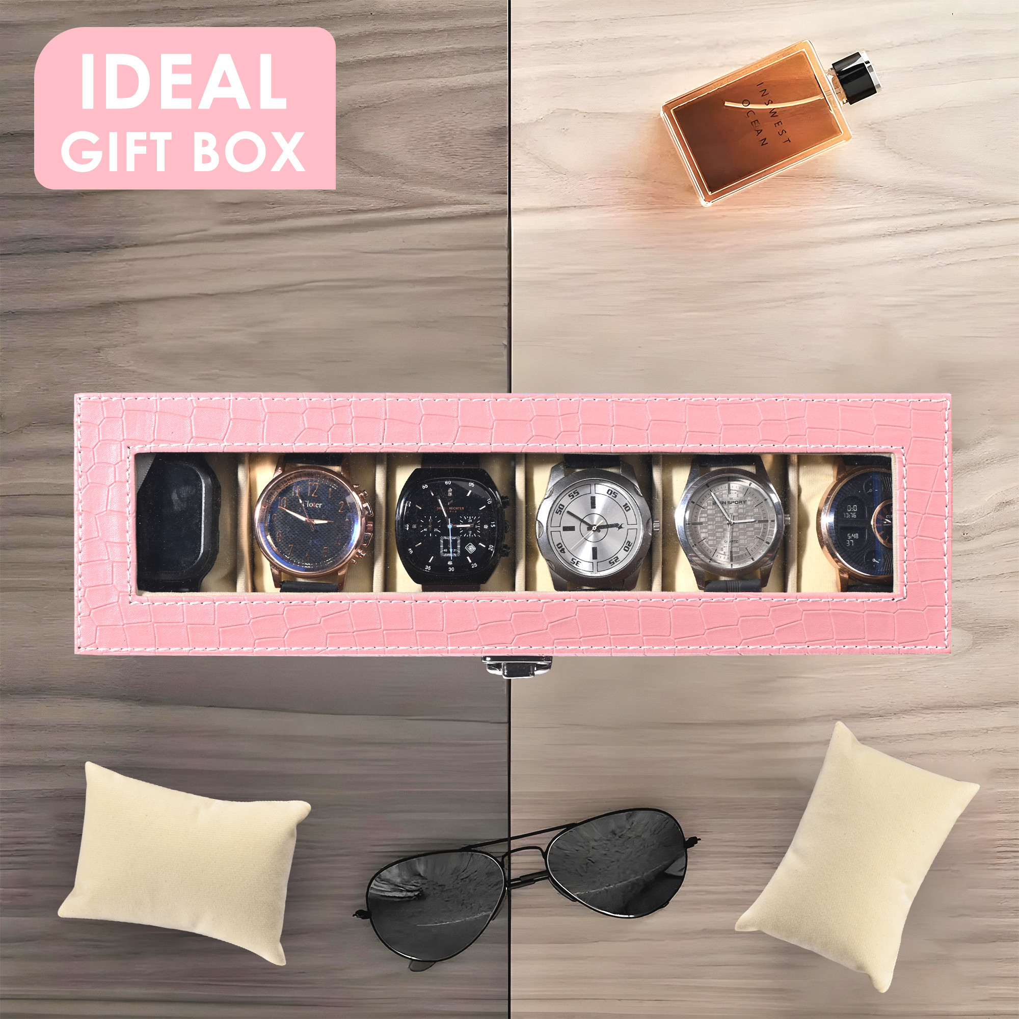 Kuber Industries Faux Leather See Through 6 Slots Wrist Watch Organiser Box for Men  Women  Watches Collection Case with Removable Pillows  Blue  Pink