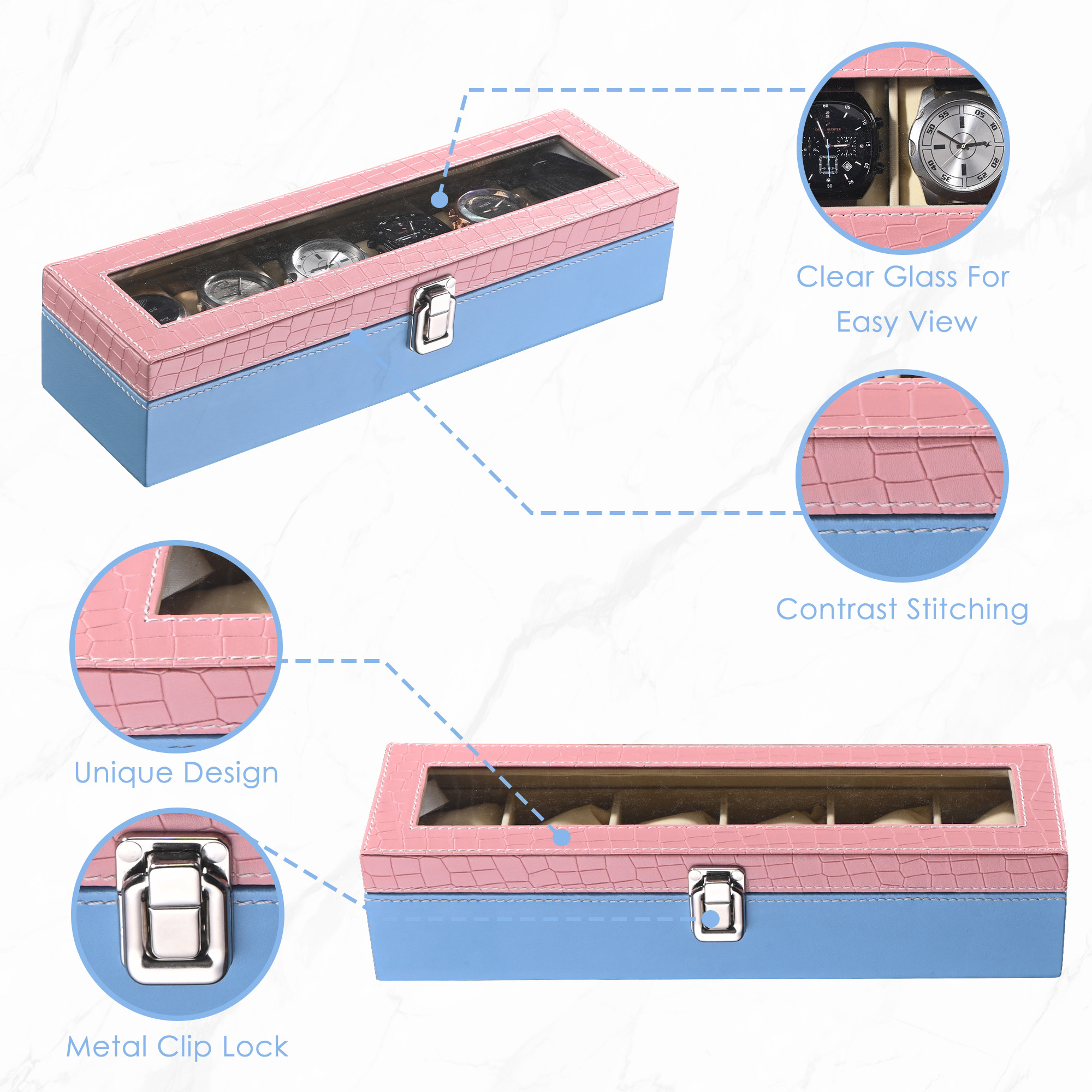 Kuber Industries Faux Leather See Through 6 Slots Wrist Watch Organiser Box for Men  Women  Watches Collection Case with Removable Pillows  Blue  Pink