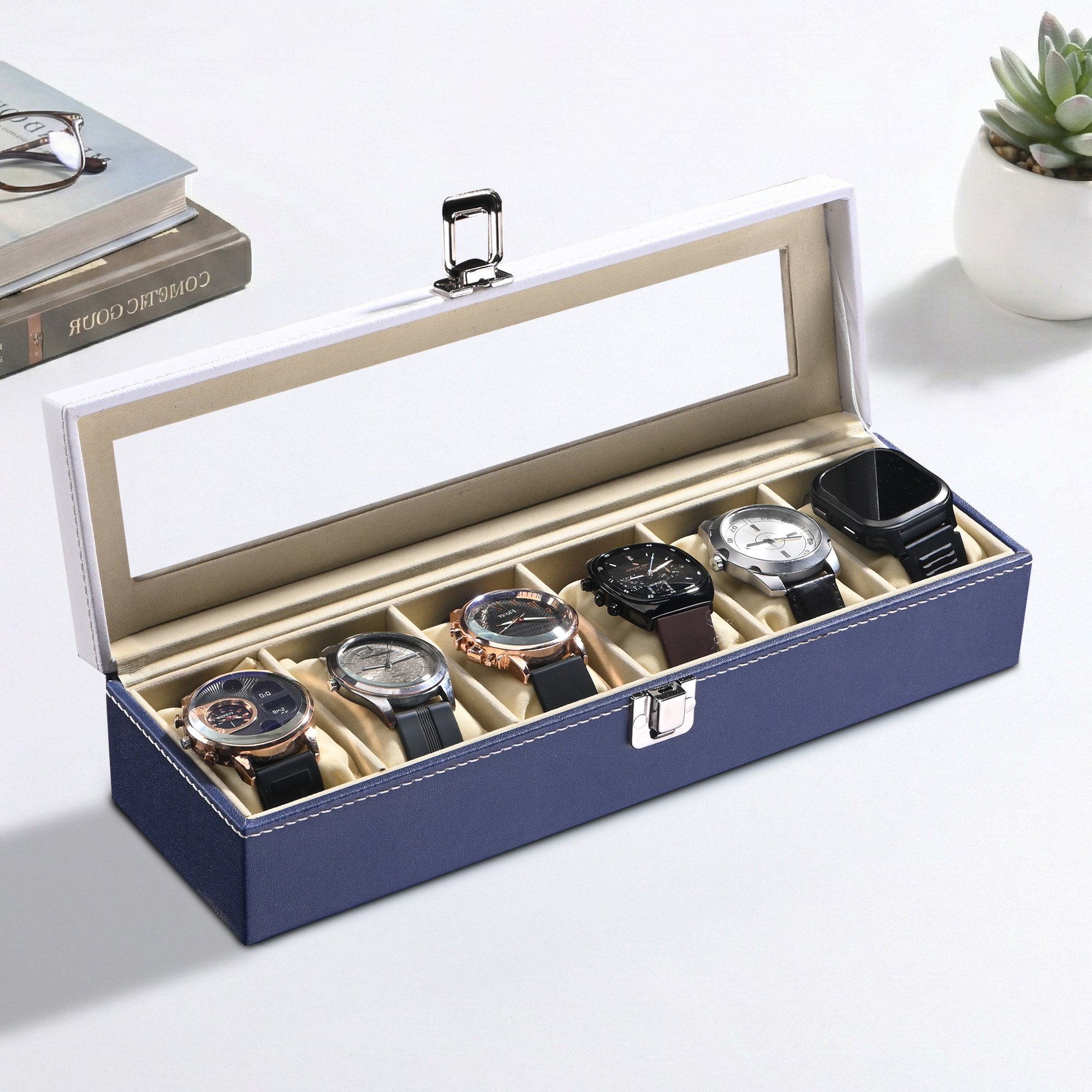 Kuber Industries Faux Leather See Through 6 Slots Wrist Watch Organiser Box for Men  Women  Watches Collection Case with Removable Pillows  Blue  White