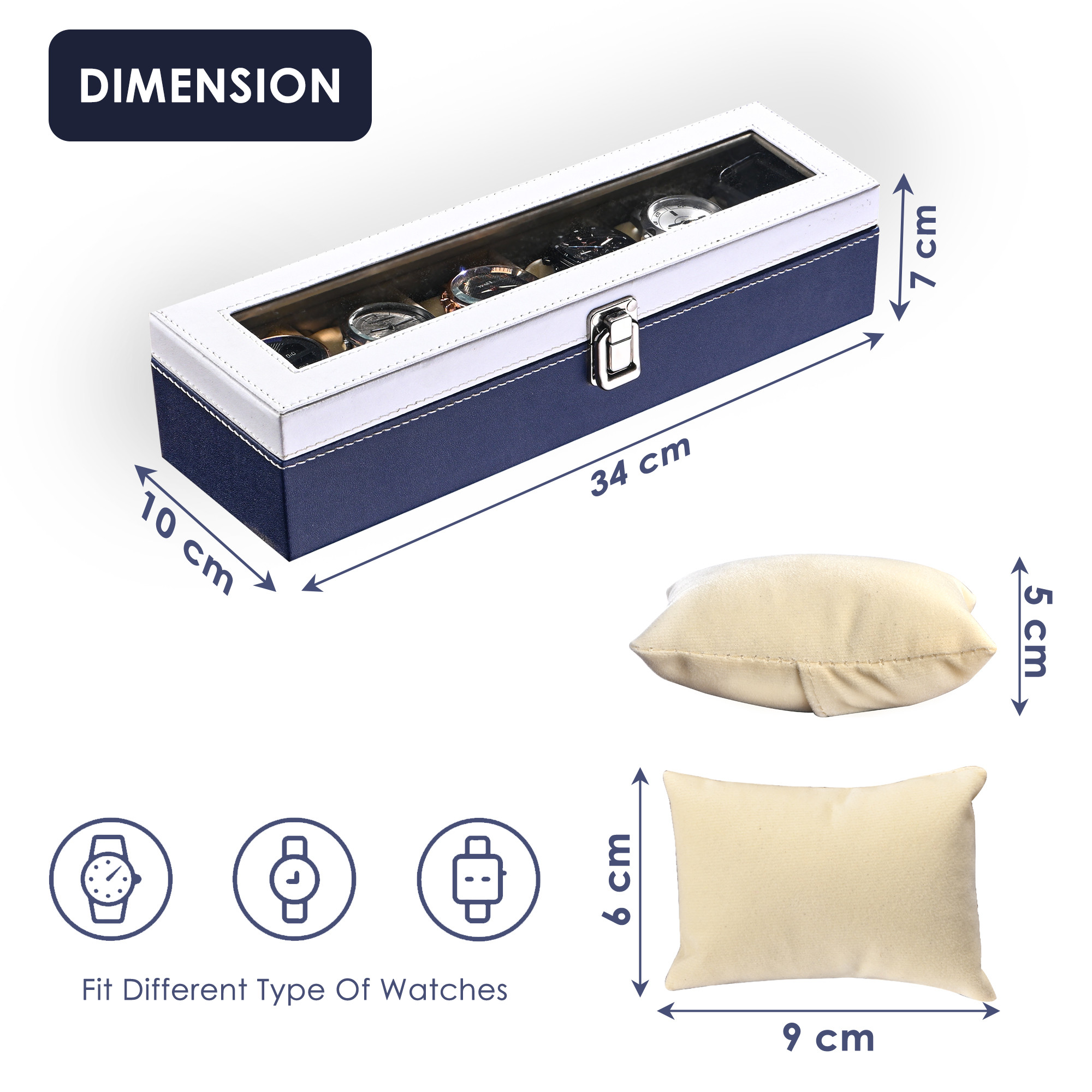 Kuber Industries Faux Leather See Through 6 Slots Wrist Watch Organiser Box for Men  Women  Watches Collection Case with Removable Pillows  Blue  White