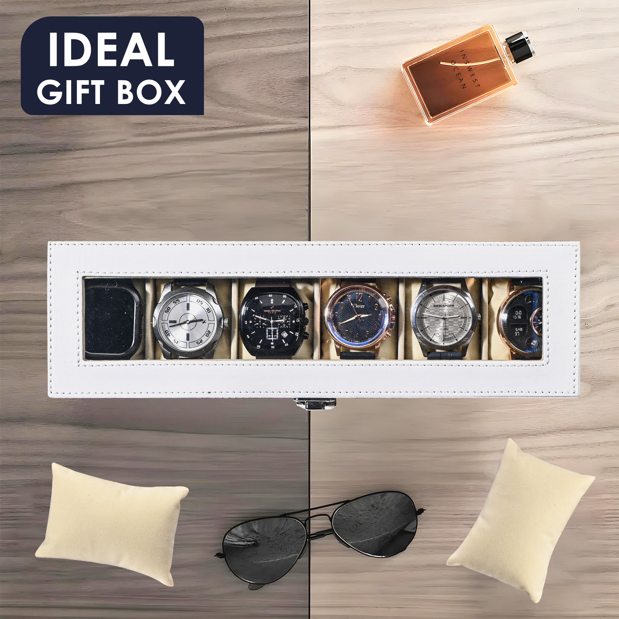 Kuber Industries Faux Leather See Through 6 Slots Wrist Watch Organiser Box for Men  Women  Watches Collection Case with Removable Pillows  Blue  White