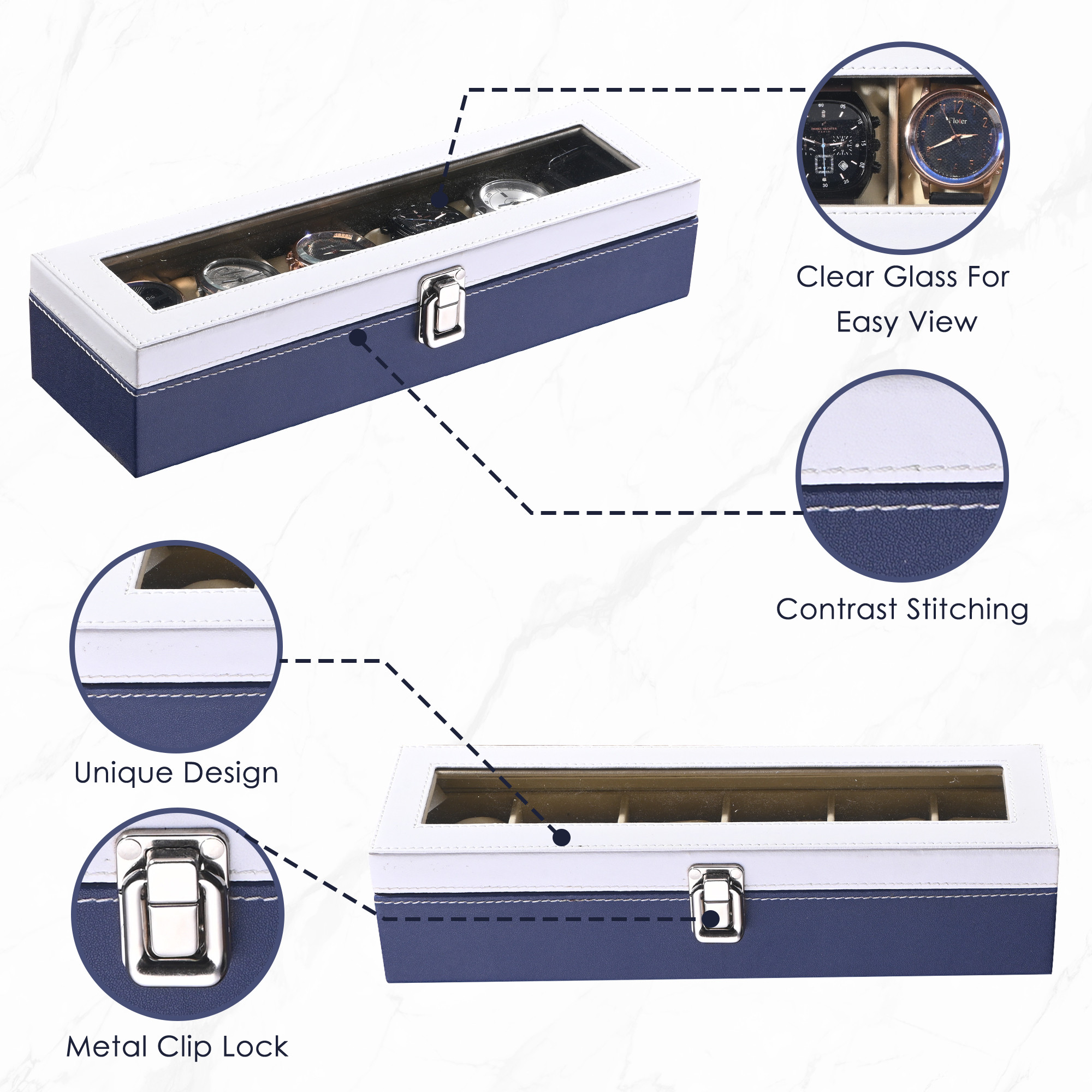 Kuber Industries Faux Leather See Through 6 Slots Wrist Watch Organiser Box for Men  Women  Watches Collection Case with Removable Pillows  Blue  White