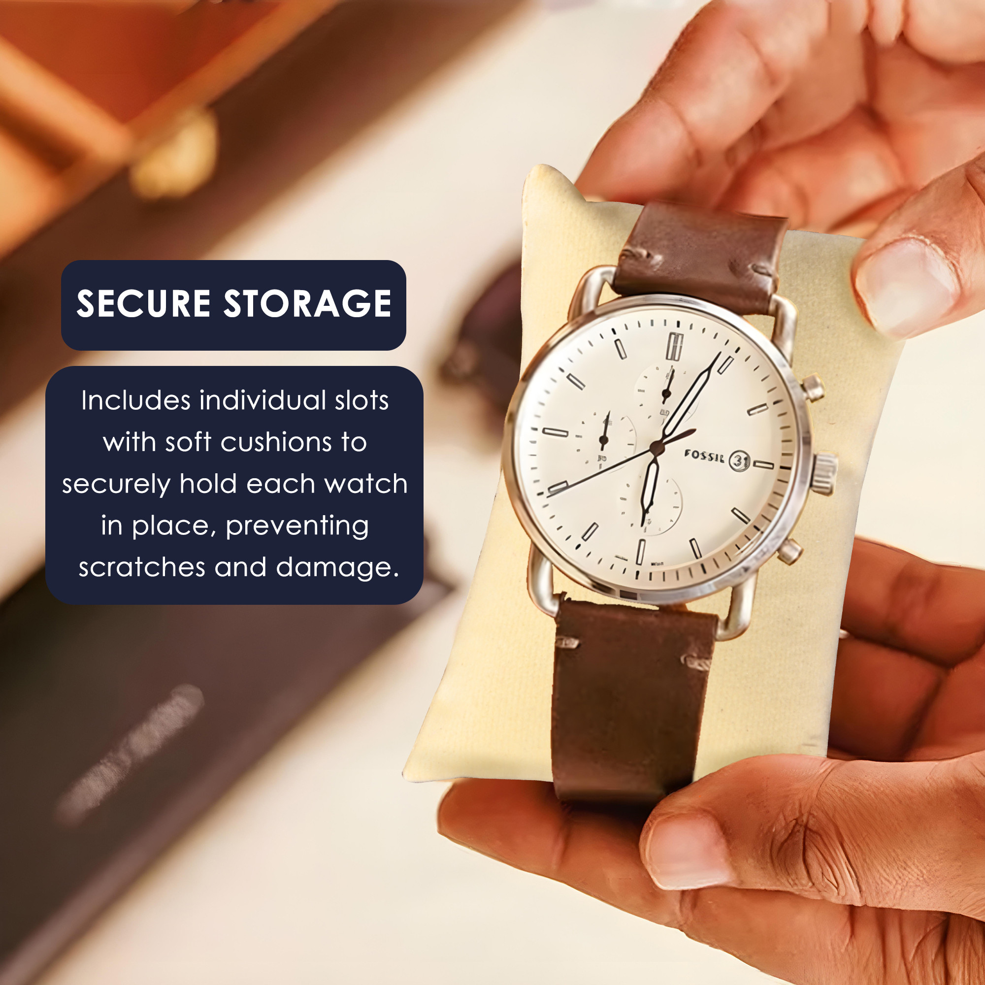 Kuber Industries Faux Leather See Through 6 Slots Wrist Watch Organiser Box for Men  Women  Watches Collection Case with Removable Pillows  Blue  White