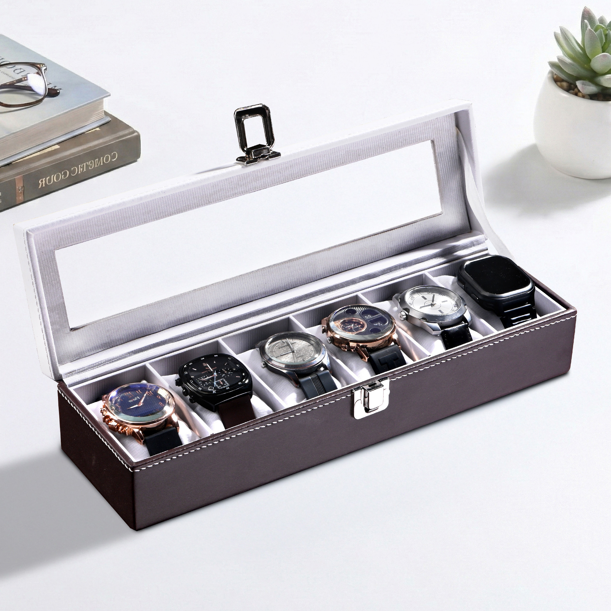 Kuber Industries Faux Leather See Through 6 Slots Wrist Watch Organiser Box for Men  Women  Watches Collection Case with Removable Pillows  Brown  White