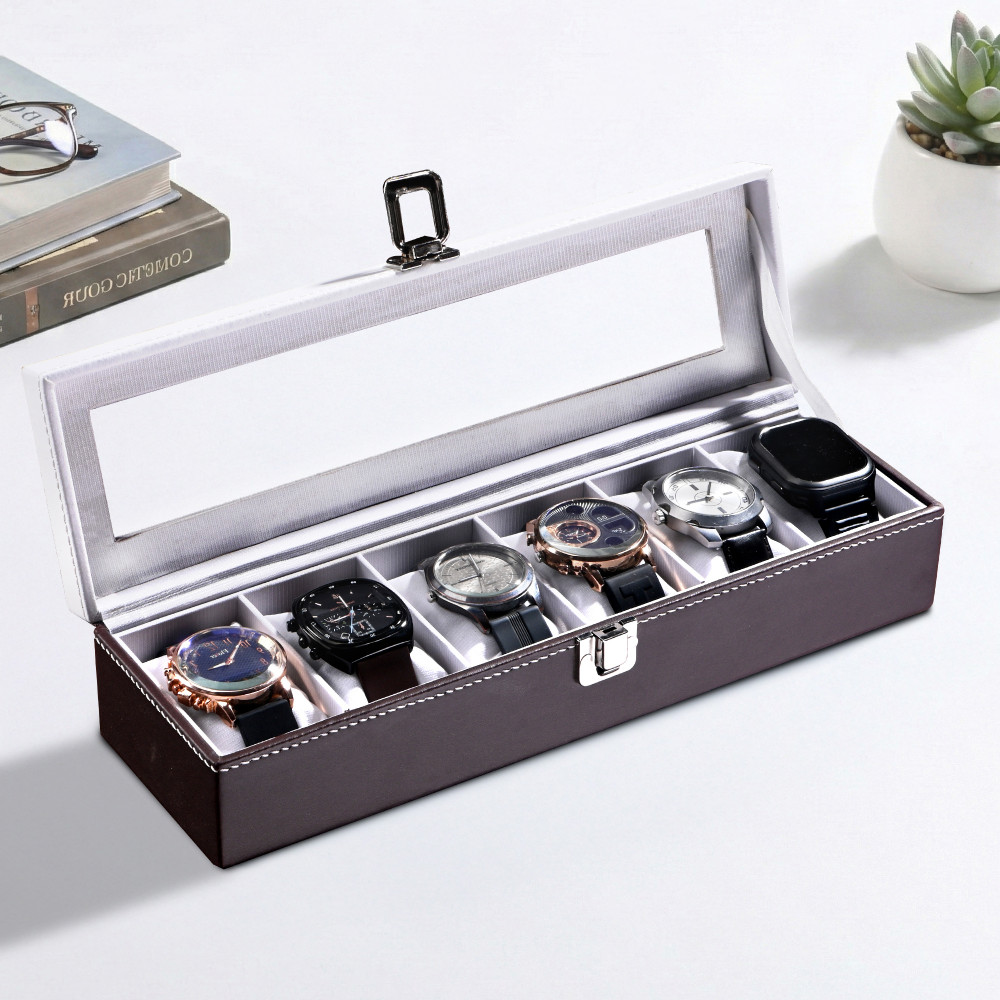 Image of Kuber Industries Faux Leather See Through 6 Slots Wrist Watch Organiser Box for Men &amp; Women | Watches Collection Case with Removable Pillows | Brown &amp; White