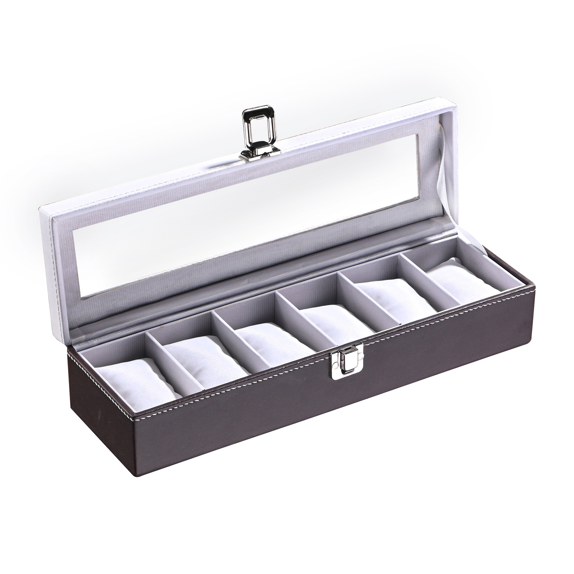 Kuber Industries Faux Leather See Through 6 Slots Wrist Watch Organiser Box for Men  Women  Watches Collection Case with Removable Pillows  Brown  White