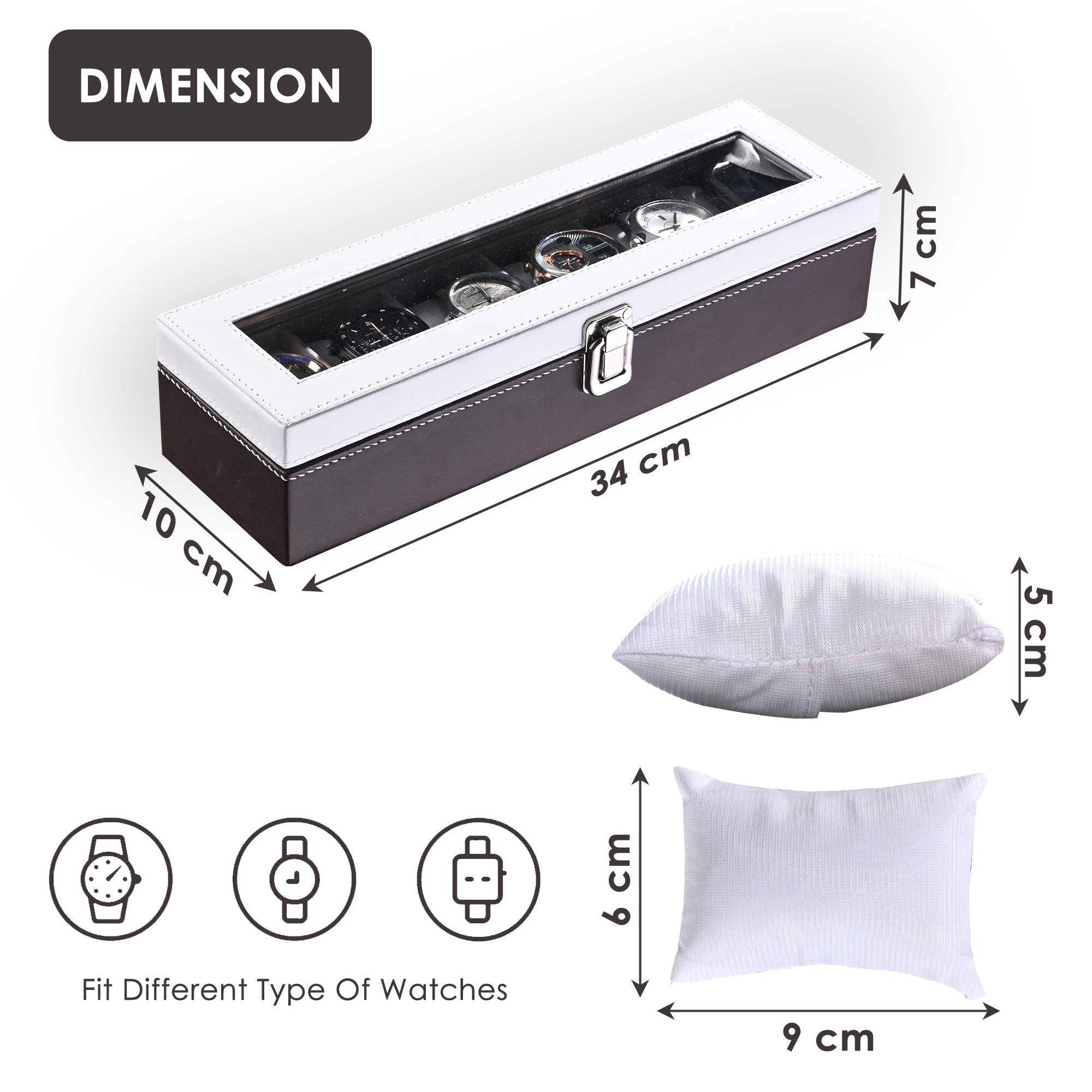 Kuber Industries Faux Leather See Through 6 Slots Wrist Watch Organiser Box for Men  Women  Watches Collection Case with Removable Pillows  Brown  White