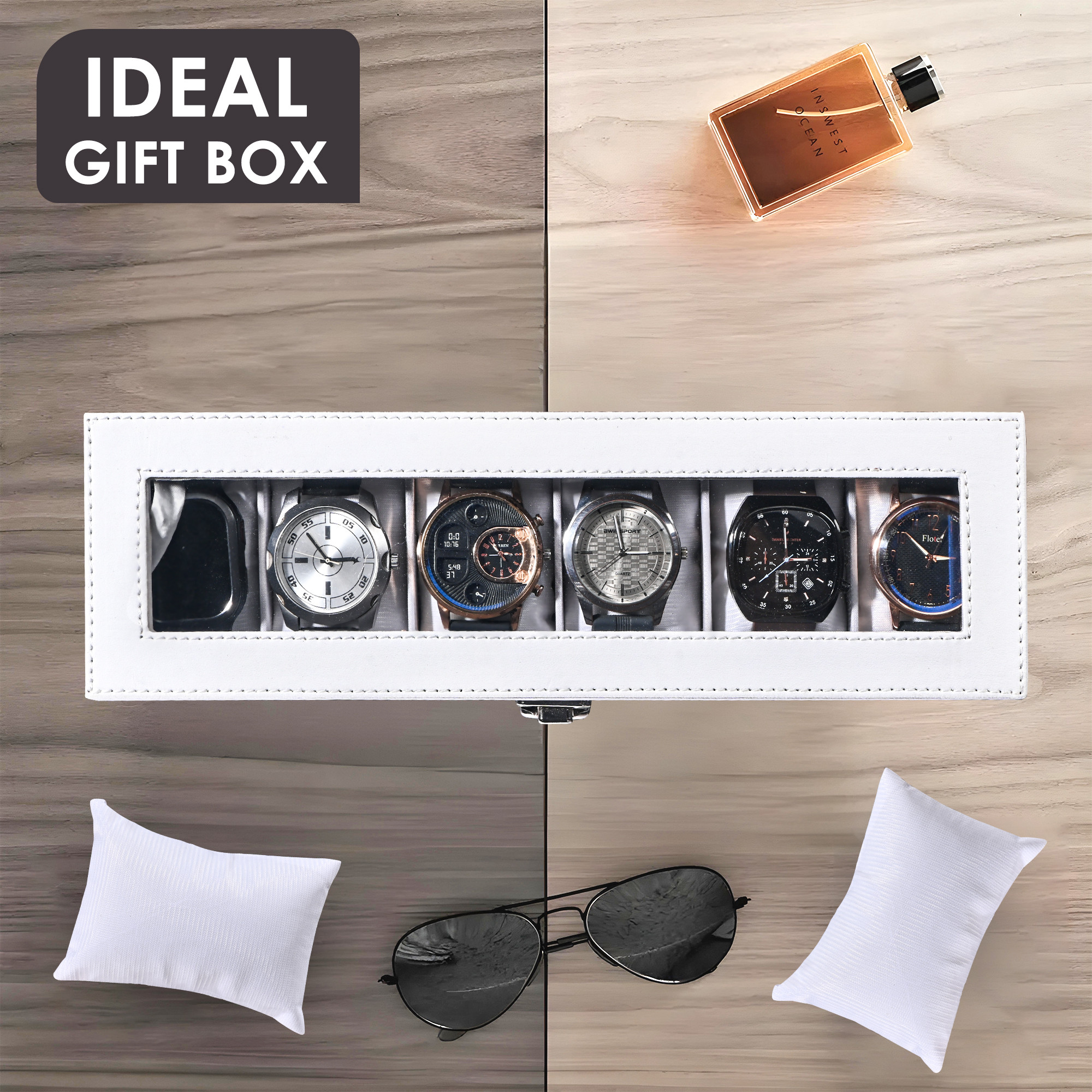 Kuber Industries Faux Leather See Through 6 Slots Wrist Watch Organiser Box for Men  Women  Watches Collection Case with Removable Pillows  Brown  White