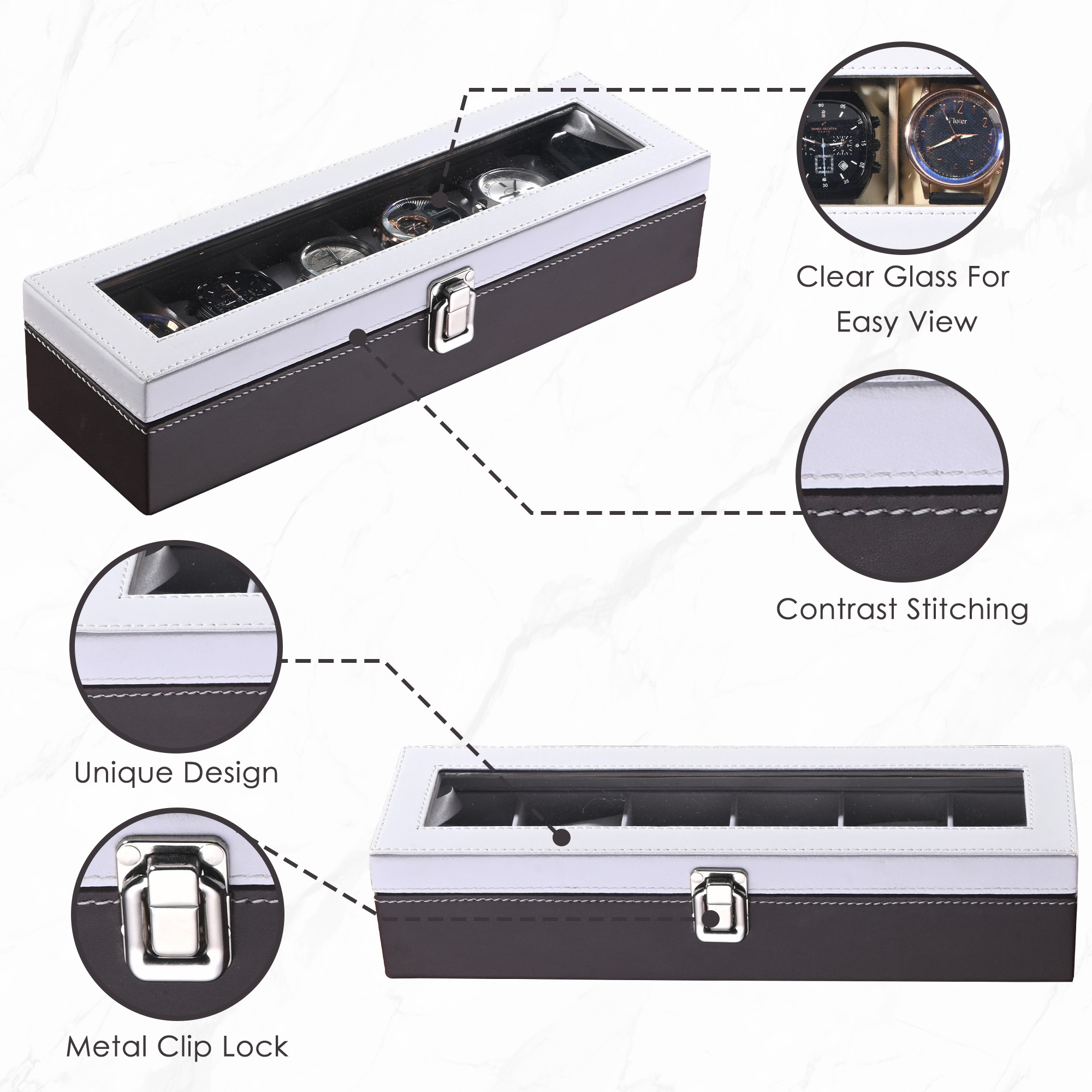 Kuber Industries Faux Leather See Through 6 Slots Wrist Watch Organiser Box for Men  Women  Watches Collection Case with Removable Pillows  Brown  White