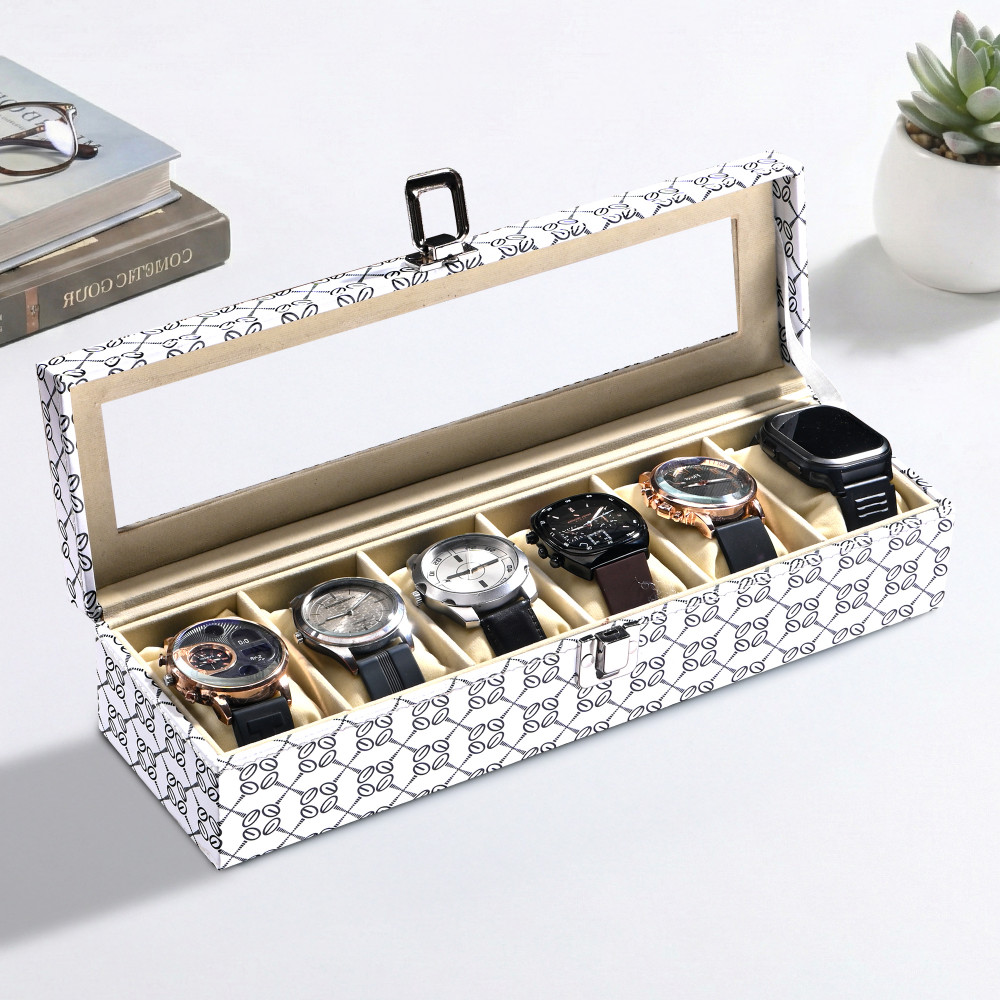 Image of Kuber Industries Faux Leather See Through 6 Slots Wrist Watch Organiser Box for Men &amp; Women | Watches Collection Case with Removable Pillows | Printed - White