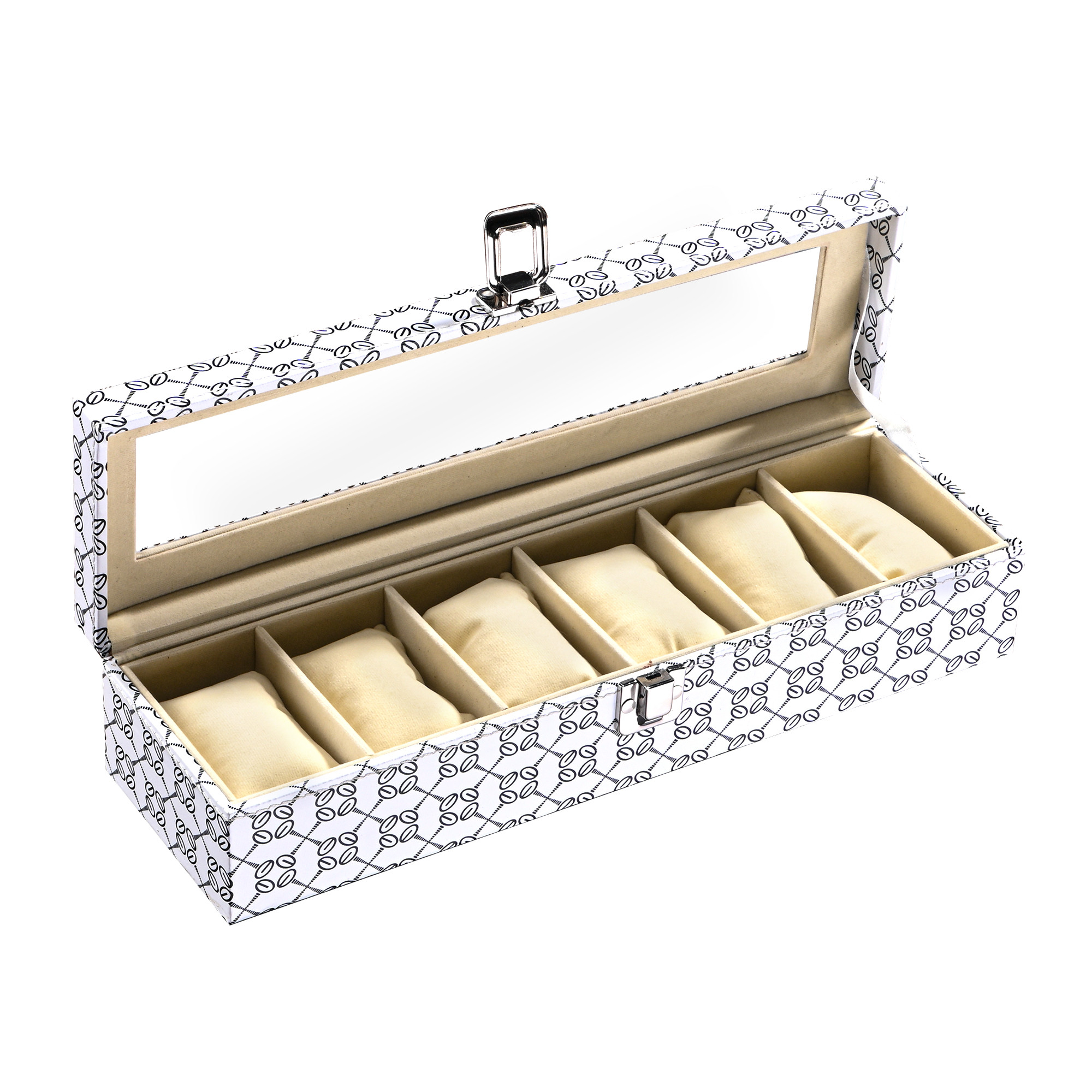 Kuber Industries Faux Leather See Through 6 Slots Wrist Watch Organiser Box for Men  Women  Watches Collection Case with Removable Pillows  Printed - White