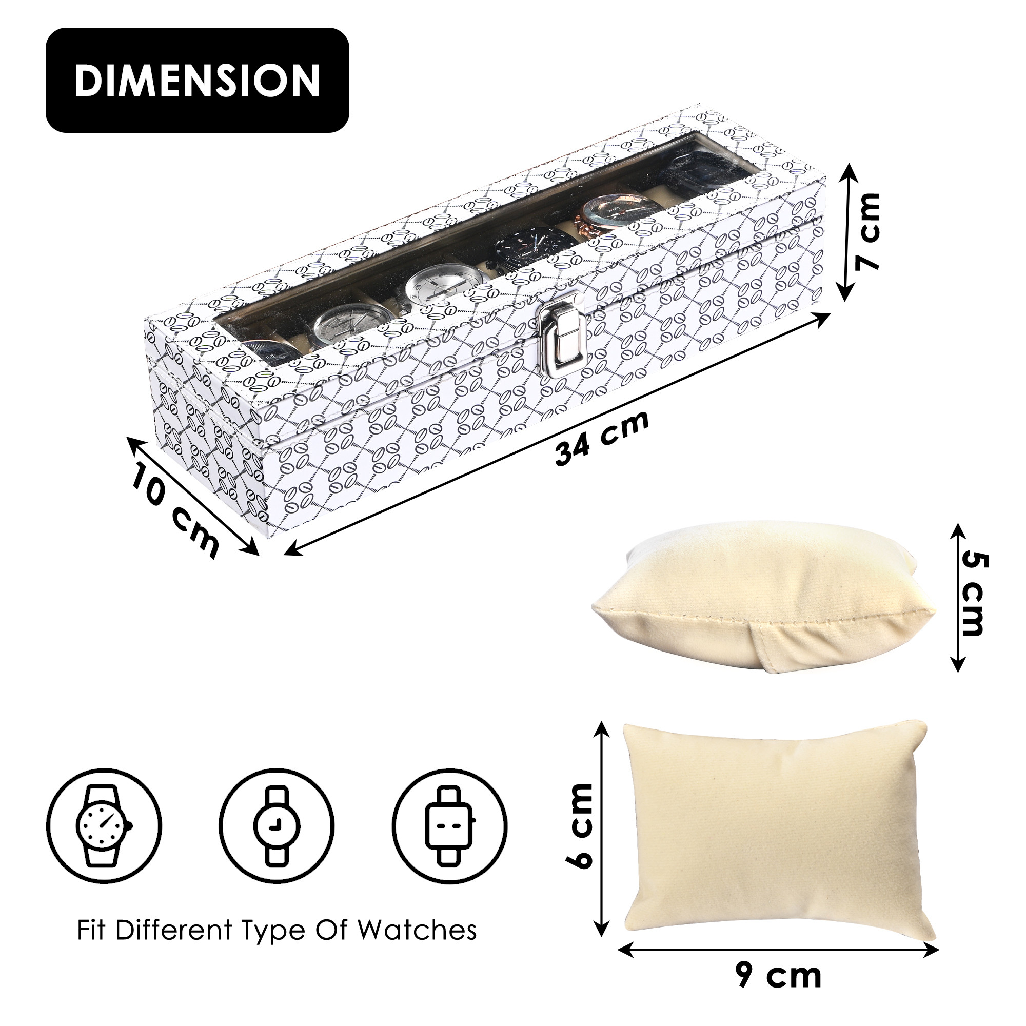 Kuber Industries Faux Leather See Through 6 Slots Wrist Watch Organiser Box for Men  Women  Watches Collection Case with Removable Pillows  Printed - White