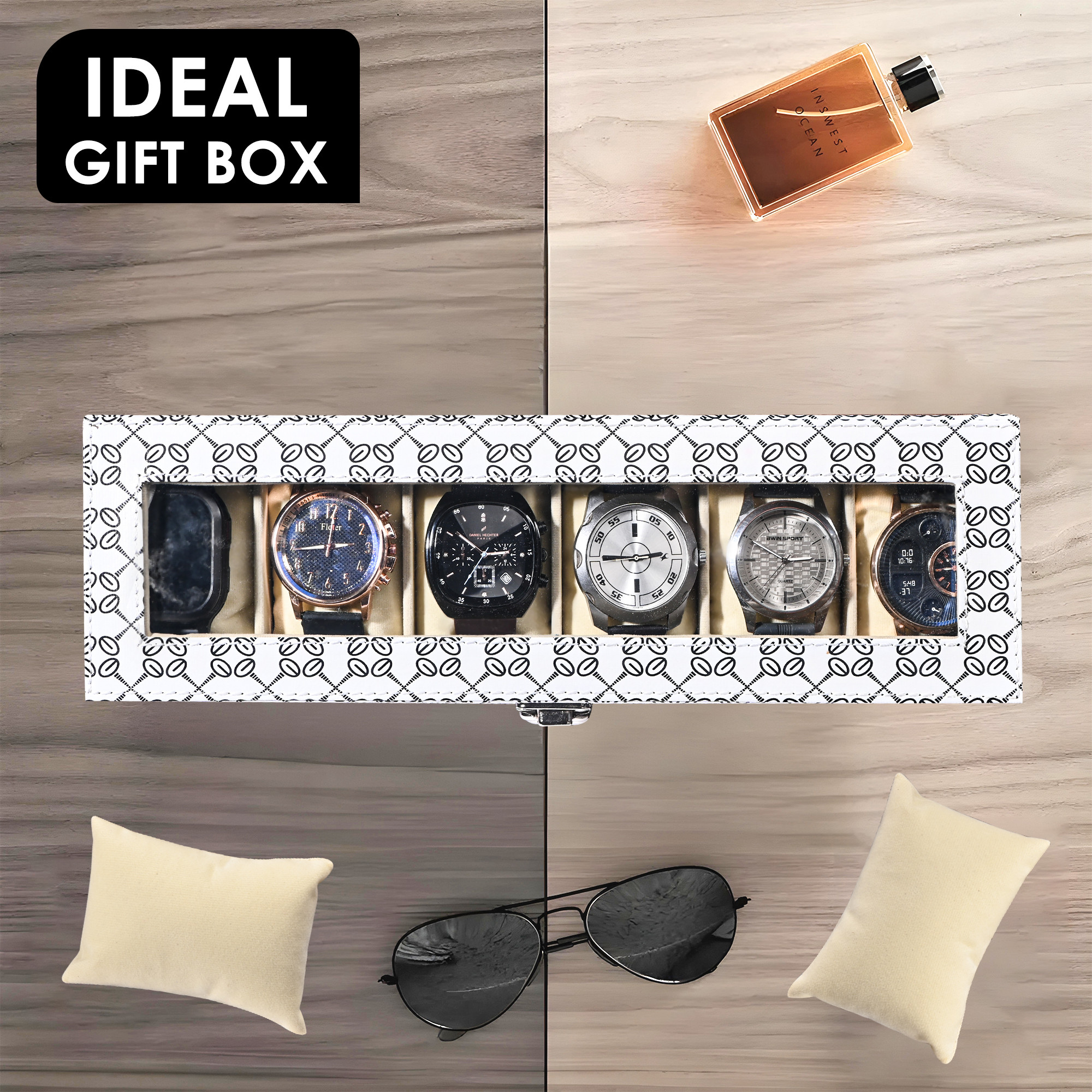 Kuber Industries Faux Leather See Through 6 Slots Wrist Watch Organiser Box for Men  Women  Watches Collection Case with Removable Pillows  Printed - White