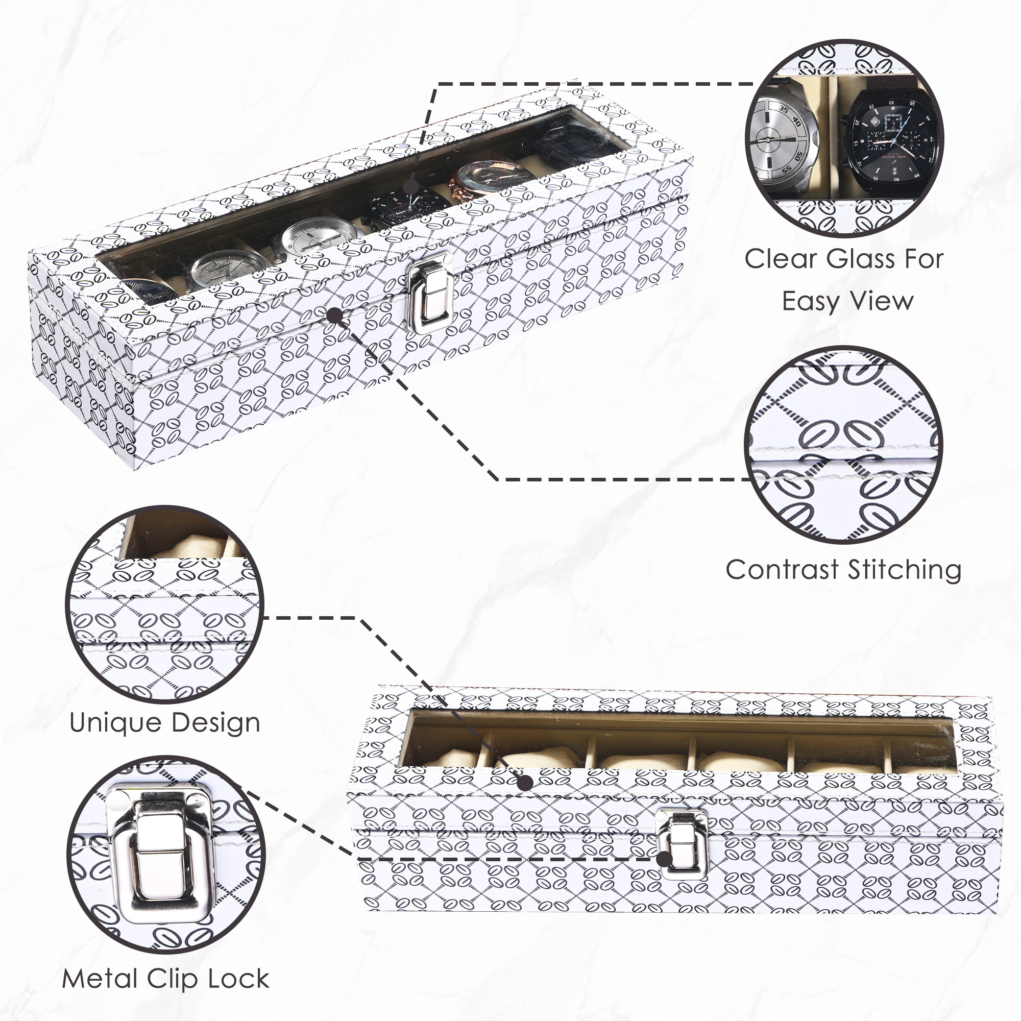 Kuber Industries Faux Leather See Through 6 Slots Wrist Watch Organiser Box for Men  Women  Watches Collection Case with Removable Pillows  Printed - White