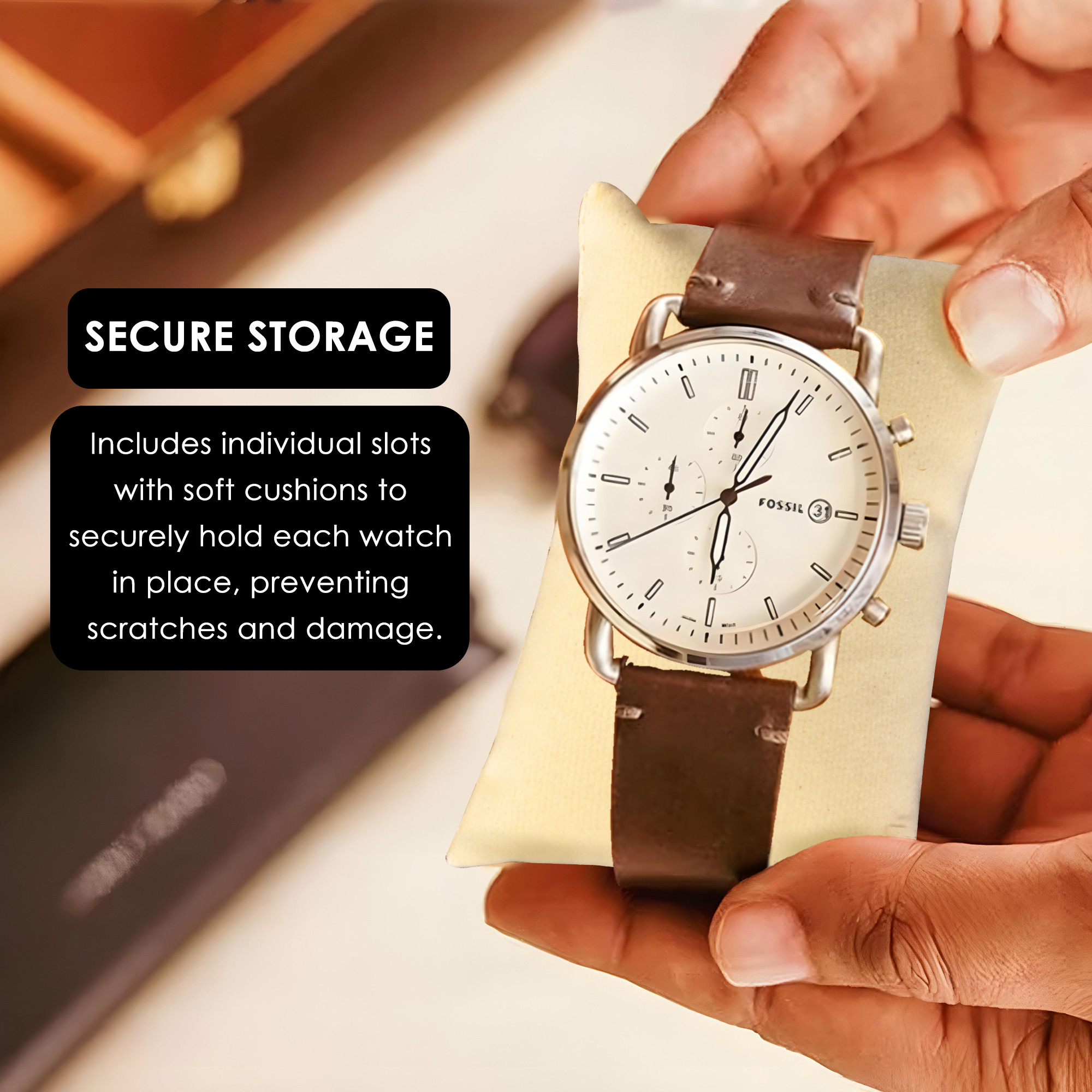 Kuber Industries Faux Leather See Through 6 Slots Wrist Watch Organiser Box for Men  Women  Watches Collection Case with Removable Pillows  Printed - White