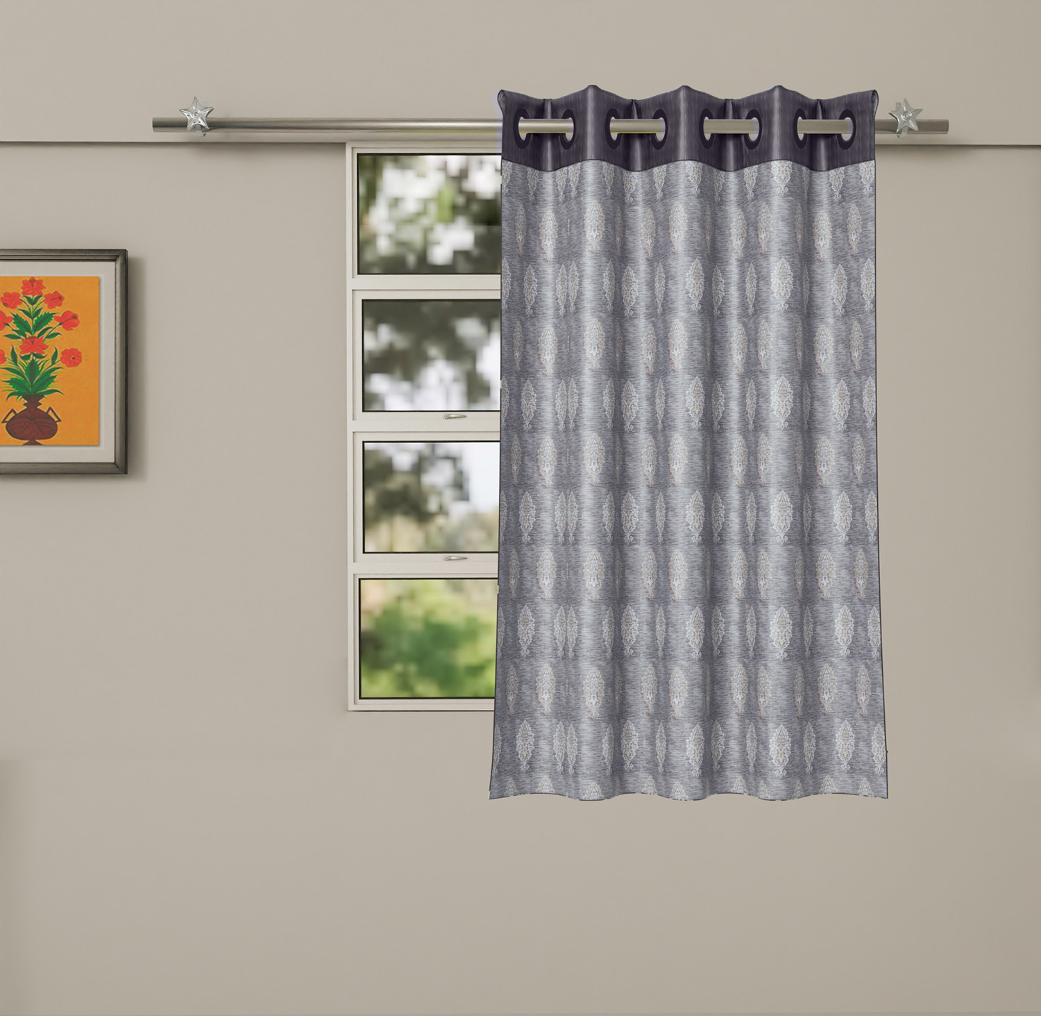 Kuber Industries Faux Silk Decorative 5 Feet Window Curtain | Damask Print Darkening Blackout | Drapes Curtain With 8 Eyelet For Home & Office (Gray)