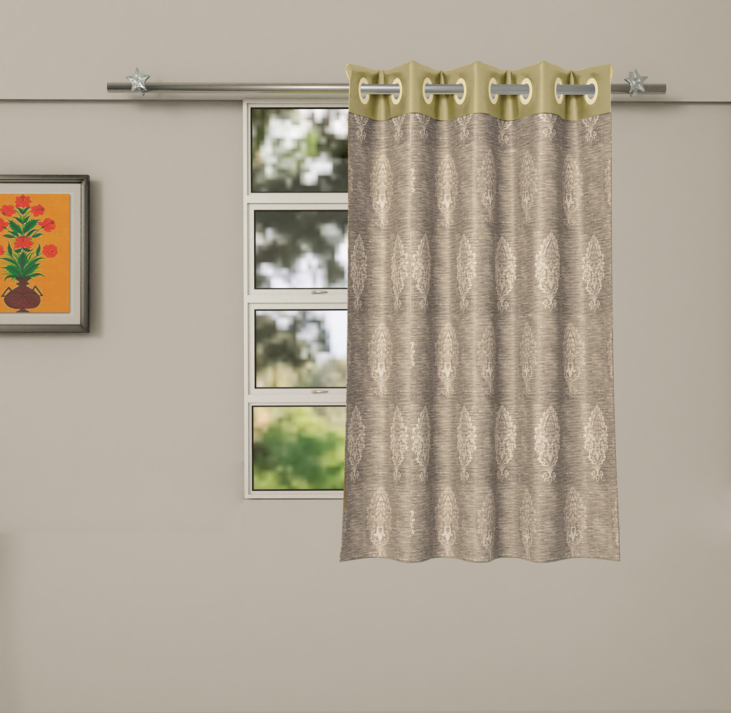 Kuber Industries Faux Silk Decorative 5 Feet Window Curtain | Damask Print Darkening Blackout | Drapes Curtain With 8 Eyelet For Home & Office (Cream)