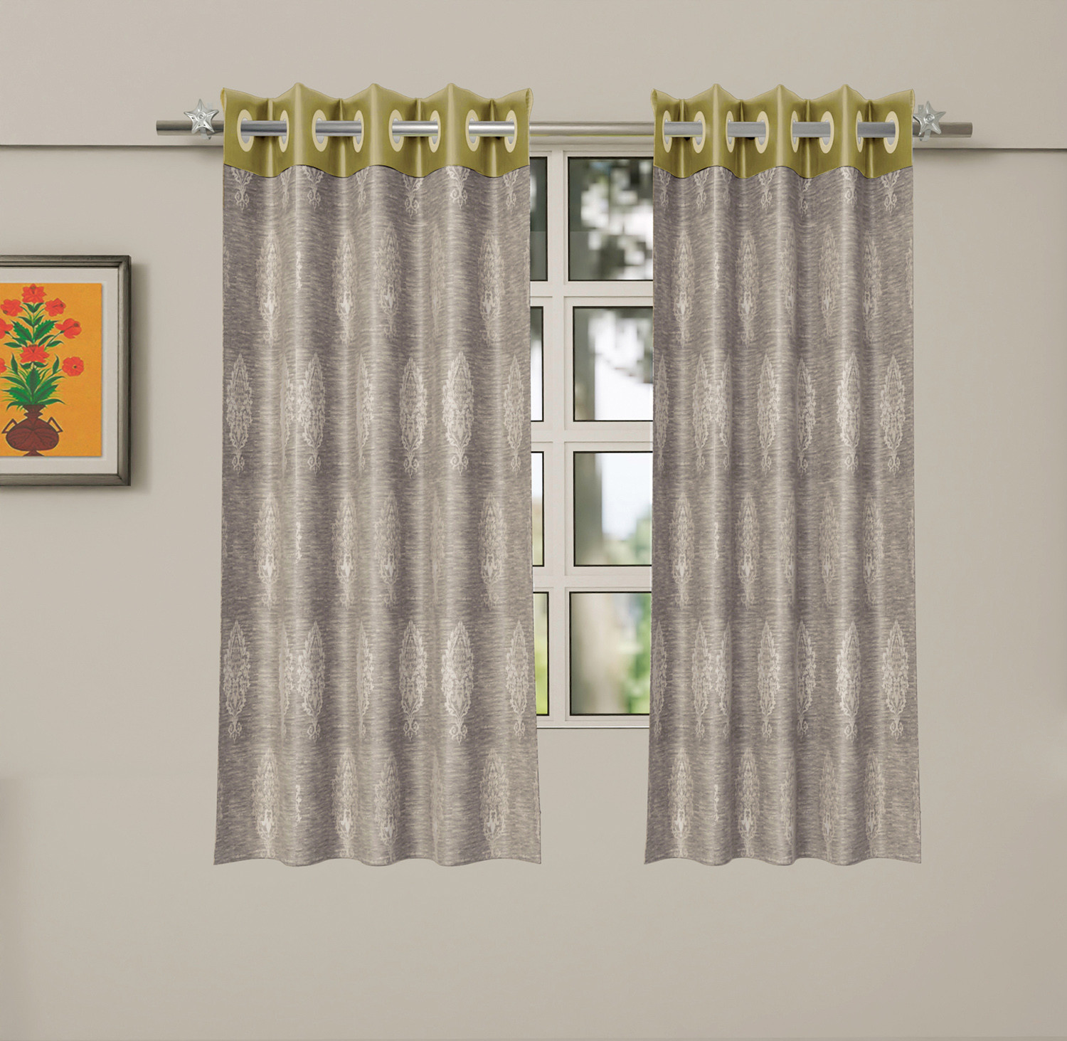 Kuber Industries Faux Silk Decorative 5 Feet Window Curtain | Damask Print Darkening Blackout | Drapes Curtain With 8 Eyelet For Home & Office (Cream)