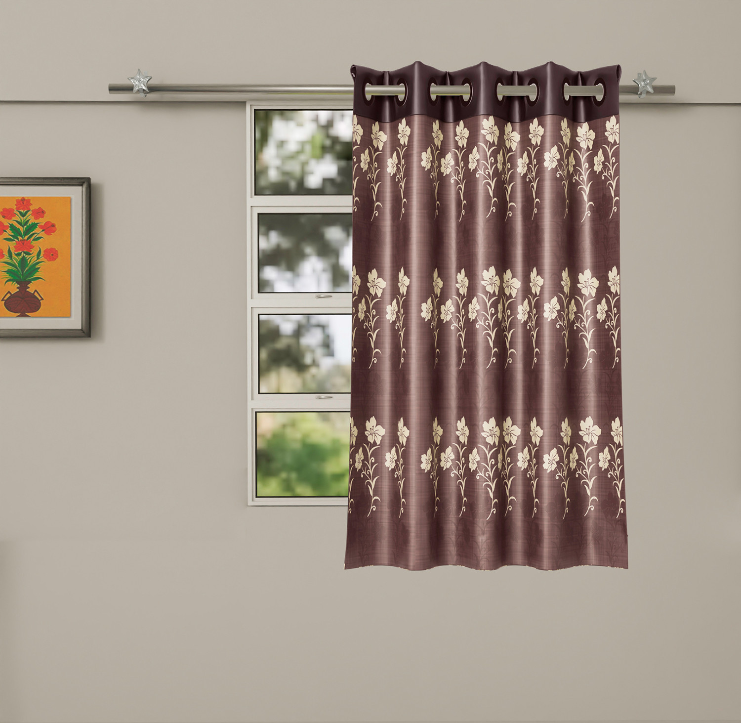 Kuber Industries Faux Silk Decorative 5 Feet Window Curtain |Floral Print Darkening Blackout | Drapes Curtain With 8 Eyelet For Home & Office (Coffee)