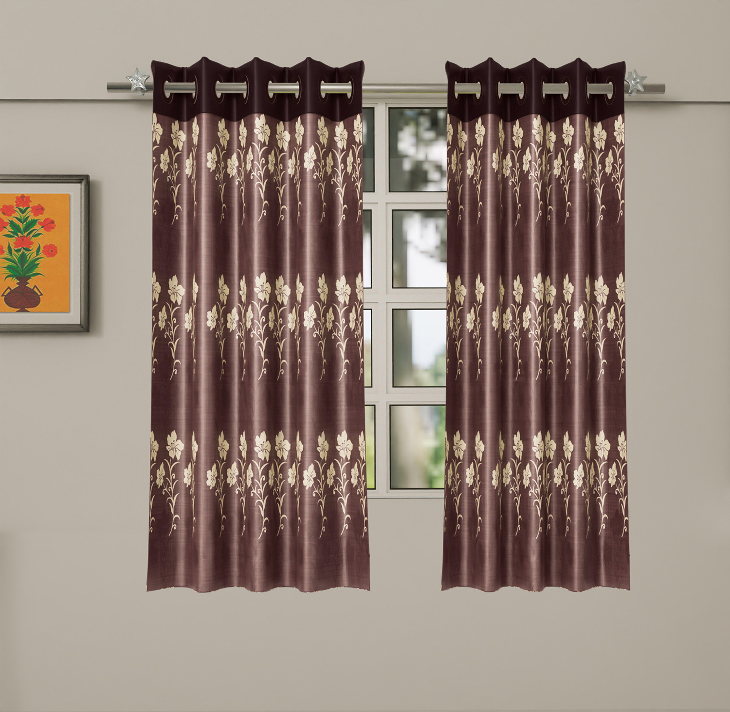 Kuber Industries Faux Silk Decorative 5 Feet Window Curtain |Floral Print Darkening Blackout | Drapes Curtain With 8 Eyelet For Home & Office (Coffee)