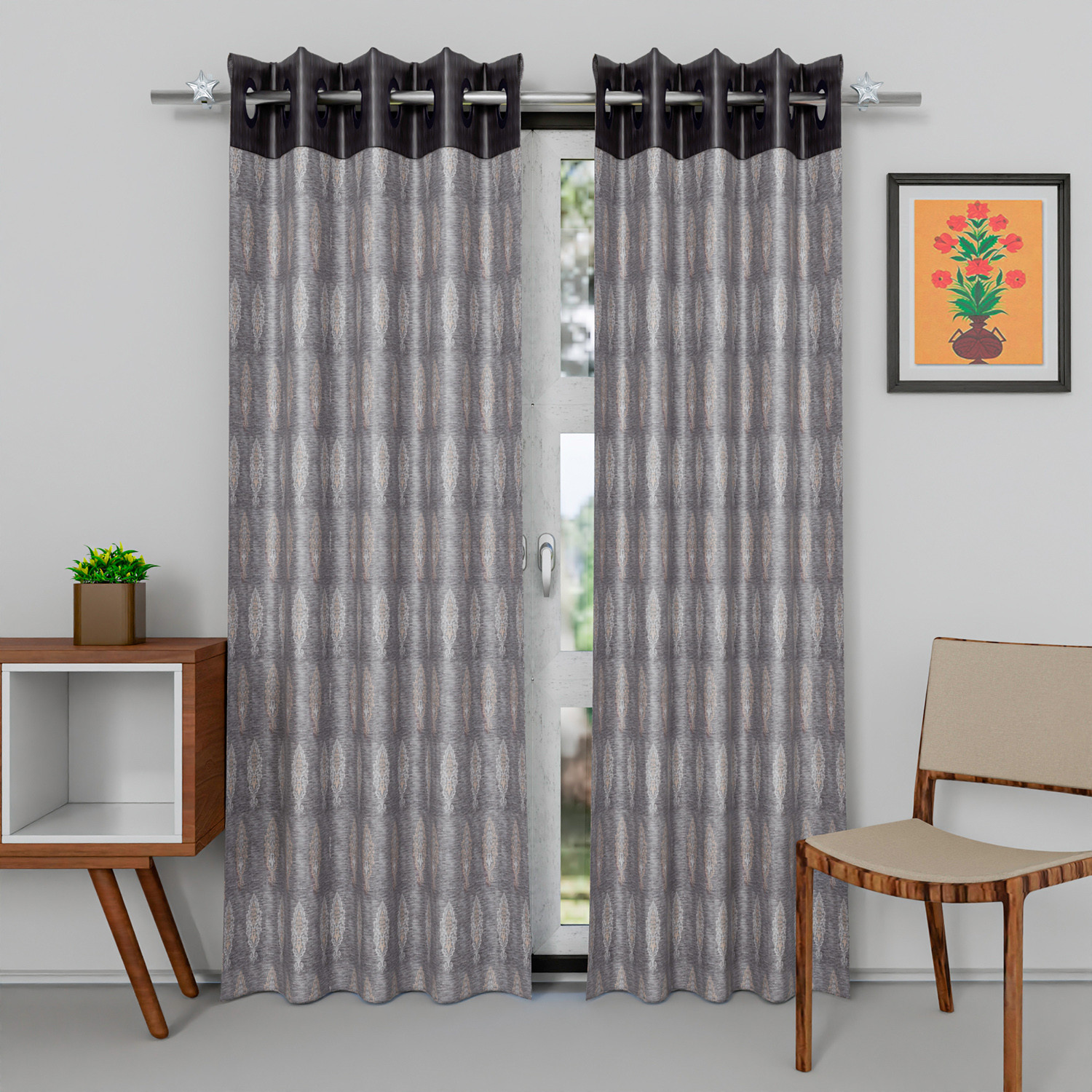 Kuber Industries Faux Silk Decorative 7 Feet Door Curtain | Damask Print Blackout Drapes Curtain With 8 Eyelet For Home & Office (Gray)