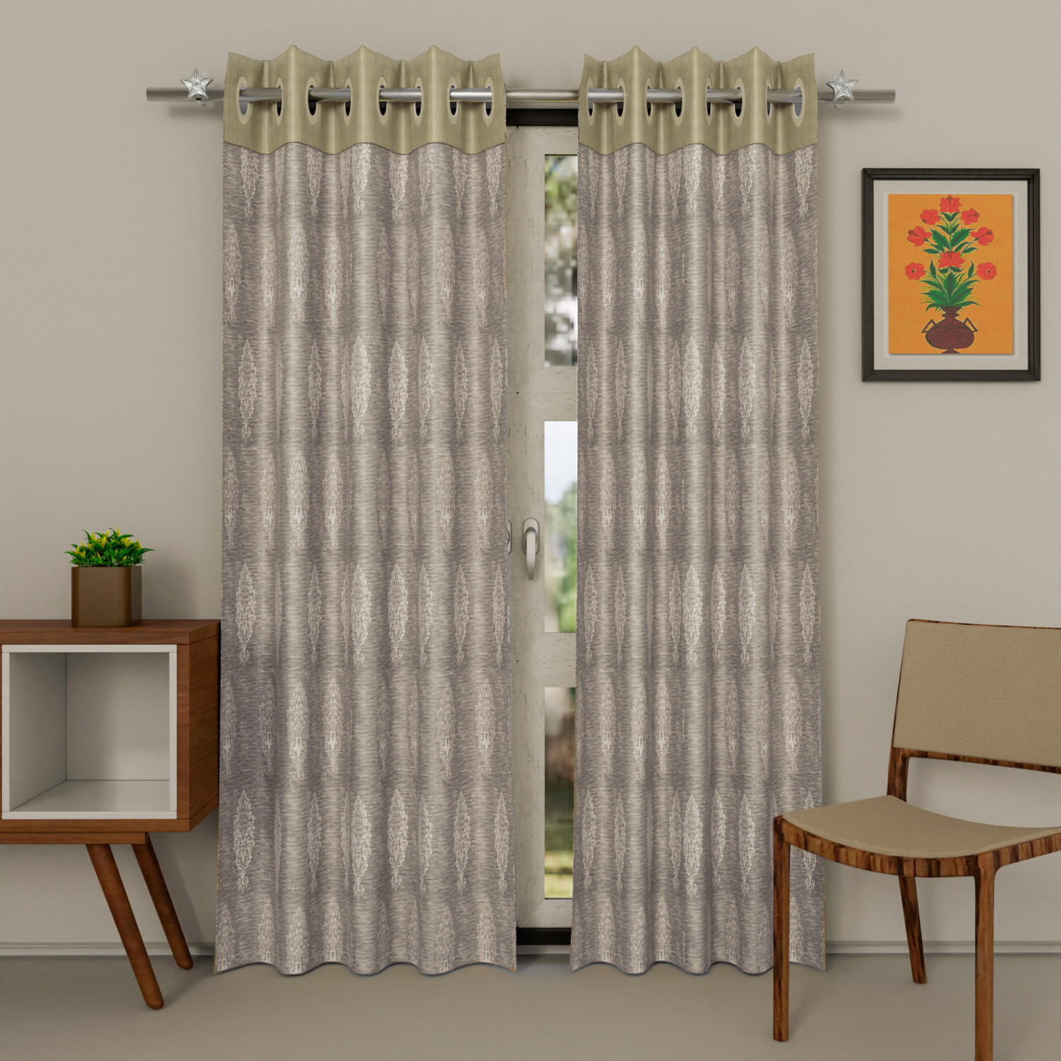 Kuber Industries Faux Silk Decorative 7 Feet Door Curtain | Damask Print Blackout Drapes Curtain With 8 Eyelet For Home & Office (Cream)