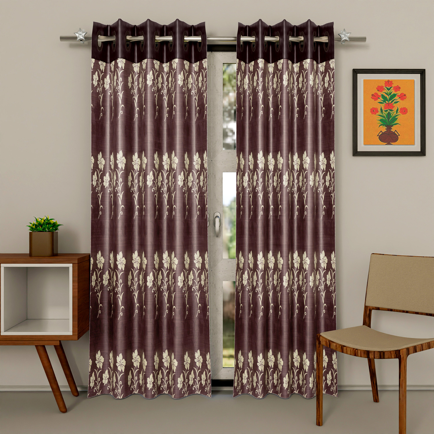 Kuber Industries Faux Silk Decorative 9 Feet Long Door Curtain | Floral Print Blackout Drapes Curtain With 8 Eyelet For Home & Office (Light Brown)