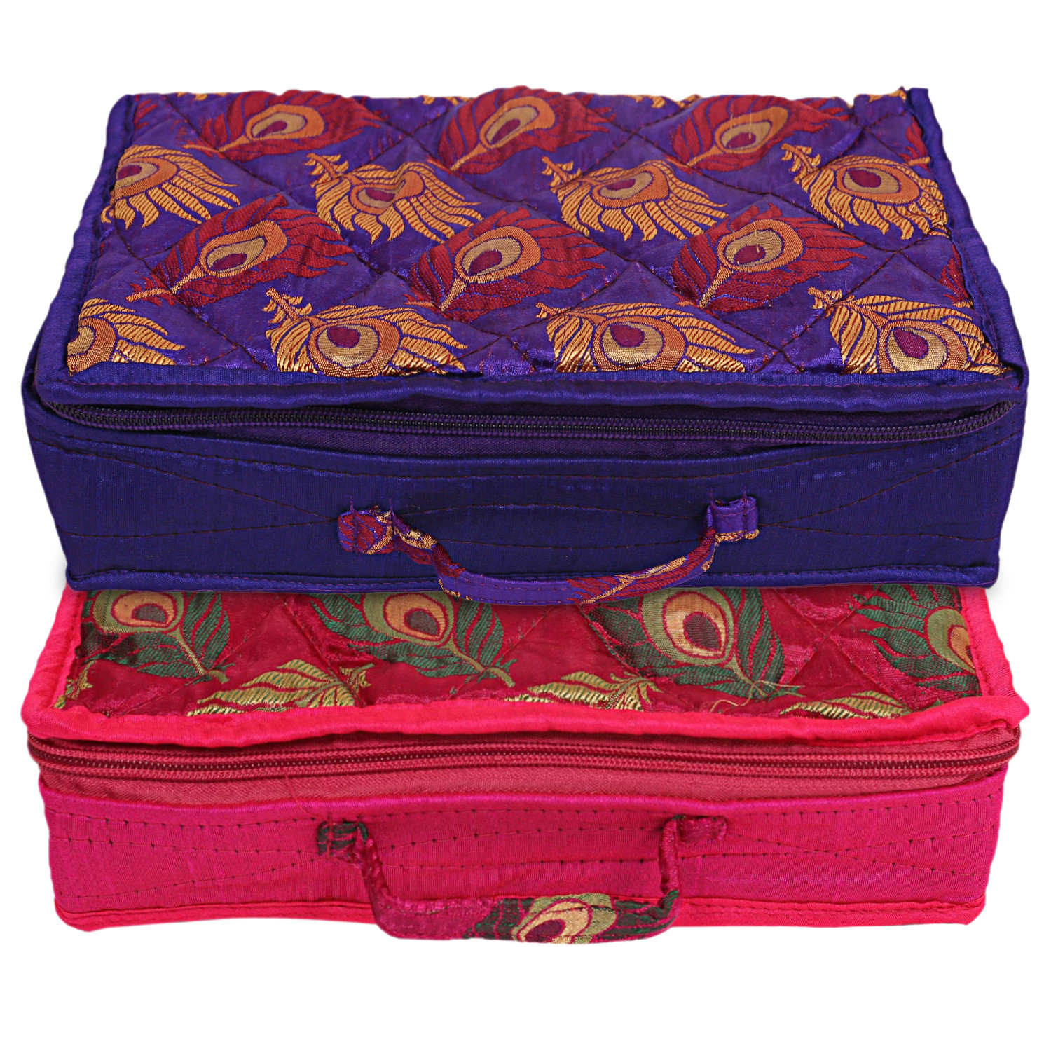 Kuber Industries Feather Print Satin Jewellery Organizer For Small Jewellery With 4 Pouches Pack Of 2 (Pink and Purple) 54KM4064
