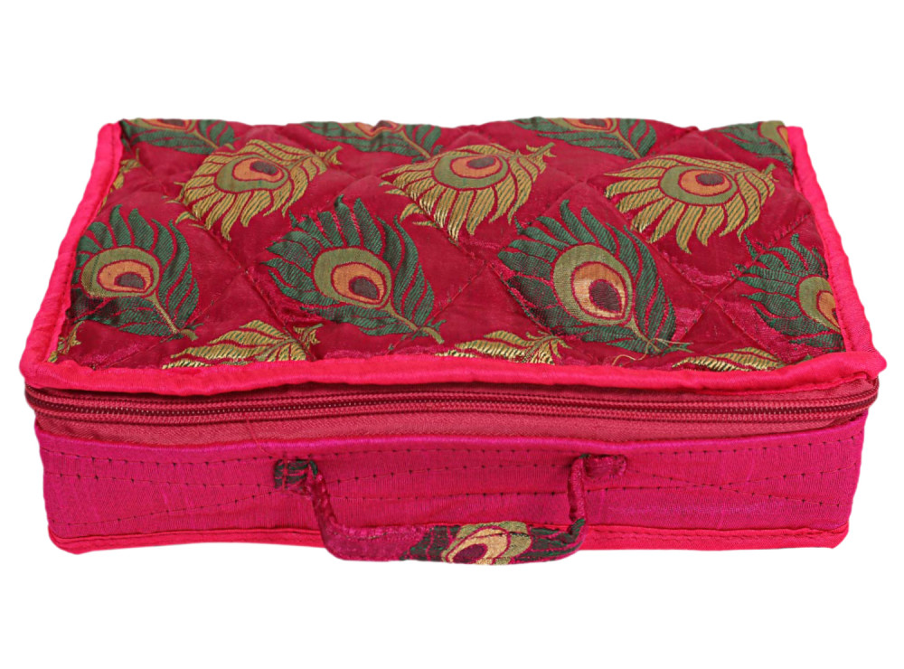 Kuber Industries Feather Print Satin Jewellery Organizer For Small Jewellery With 4 Pouches (Pink) 54KM4062
