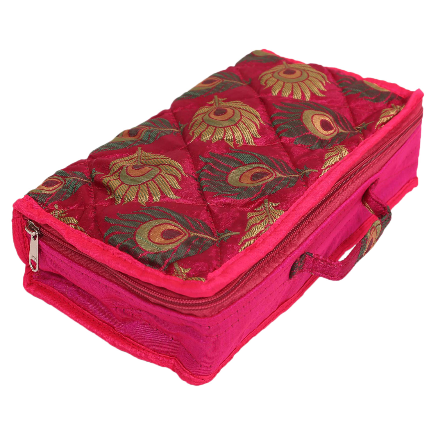 Kuber Industries Feather Print Satin Jewellery Organizer For Small Jewellery With 4 Pouches (Pink) 54KM4062