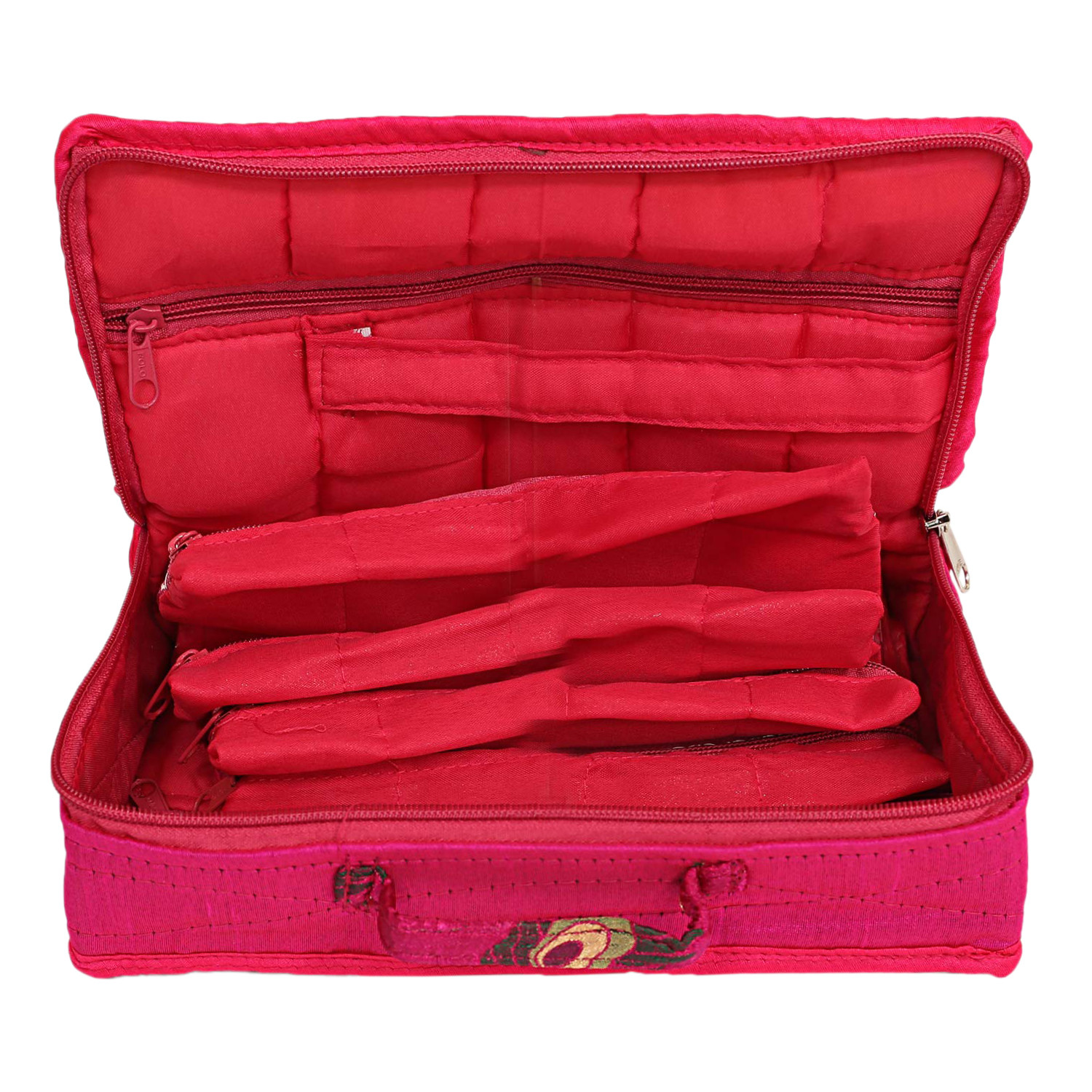Kuber Industries Feather Print Satin Jewellery Organizer For Small Jewellery With 4 Pouches (Pink) 54KM4062