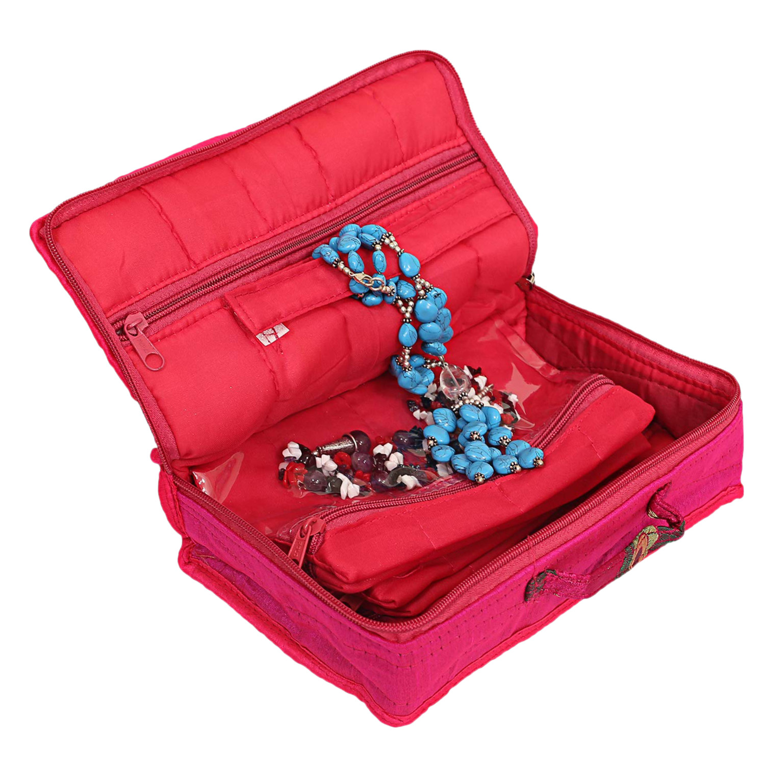 Kuber Industries Feather Print Satin Jewellery Organizer For Small Jewellery With 4 Pouches (Pink) 54KM4062