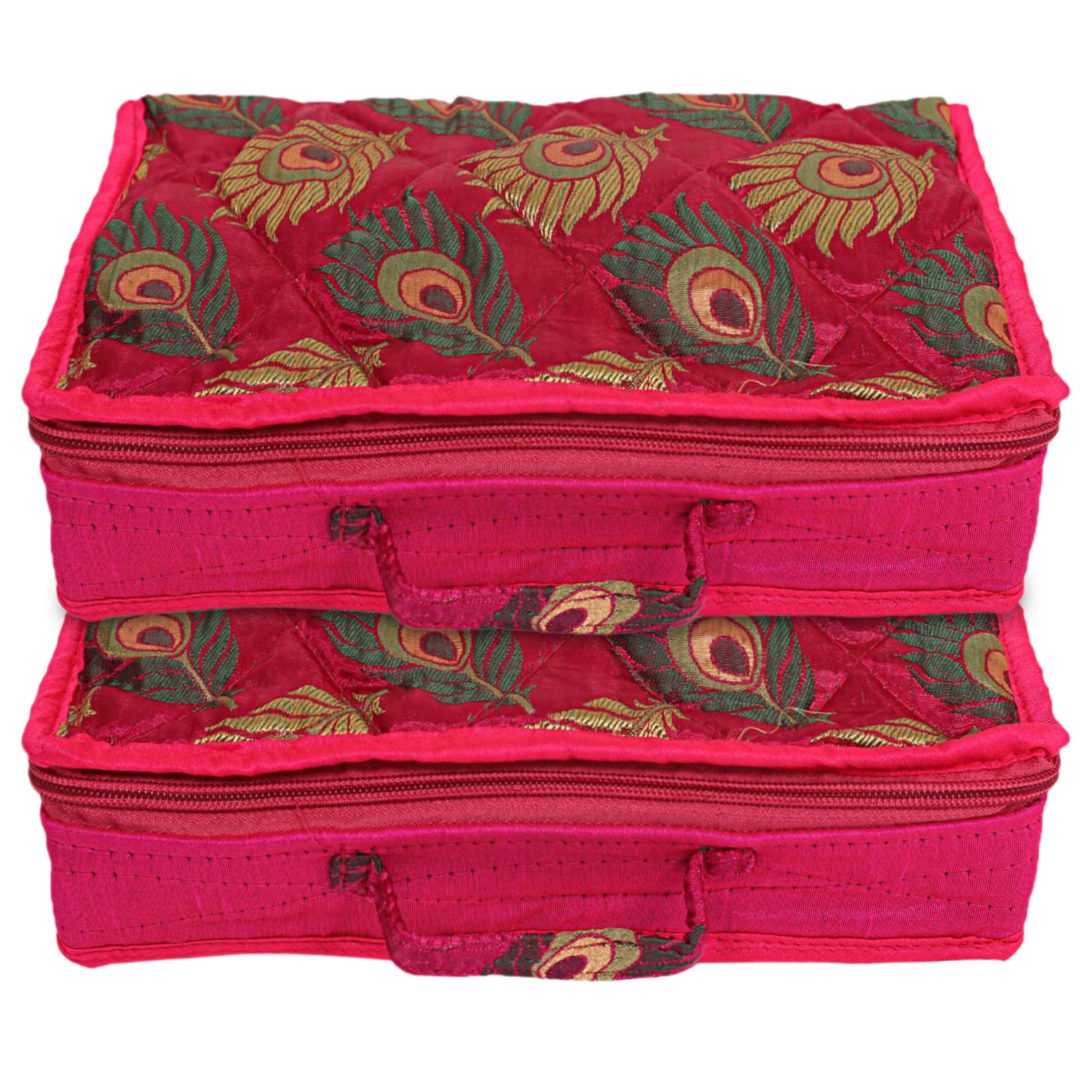 Kuber Industries Feather Print Satin Jewellery Organizer For Small Jewellery With 4 Pouches (Pink) 54KM4062