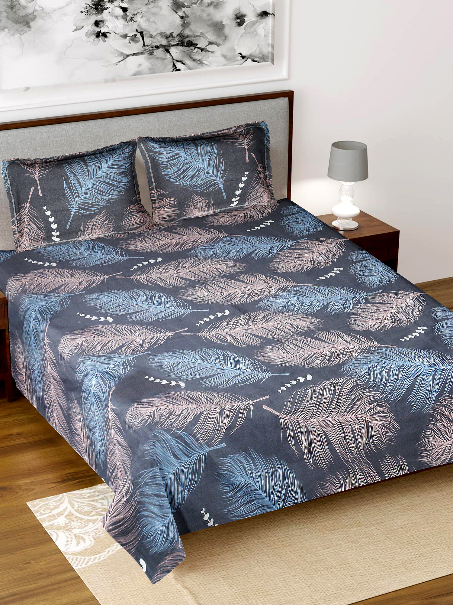 Kuber Industries Feather Printed Luxurious Soft Breathable & Comfortable Cotton Double Bedsheet With 2 Pillow Covers (Ocean Green)-HS43KUBMART26831