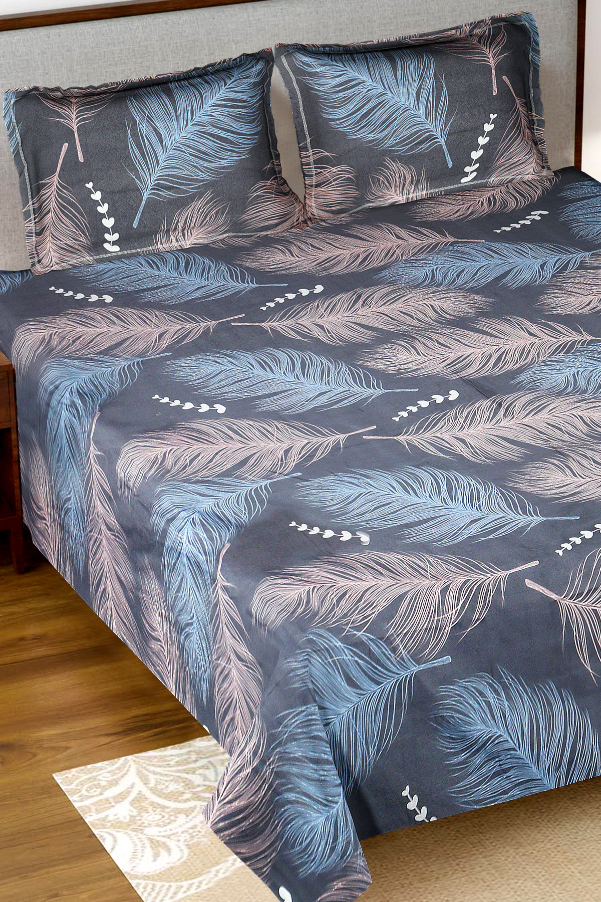 Kuber Industries Feather Printed Luxurious Soft Breathable & Comfortable Cotton Double Bedsheet With 2 Pillow Covers (Ocean Green)-HS43KUBMART26831