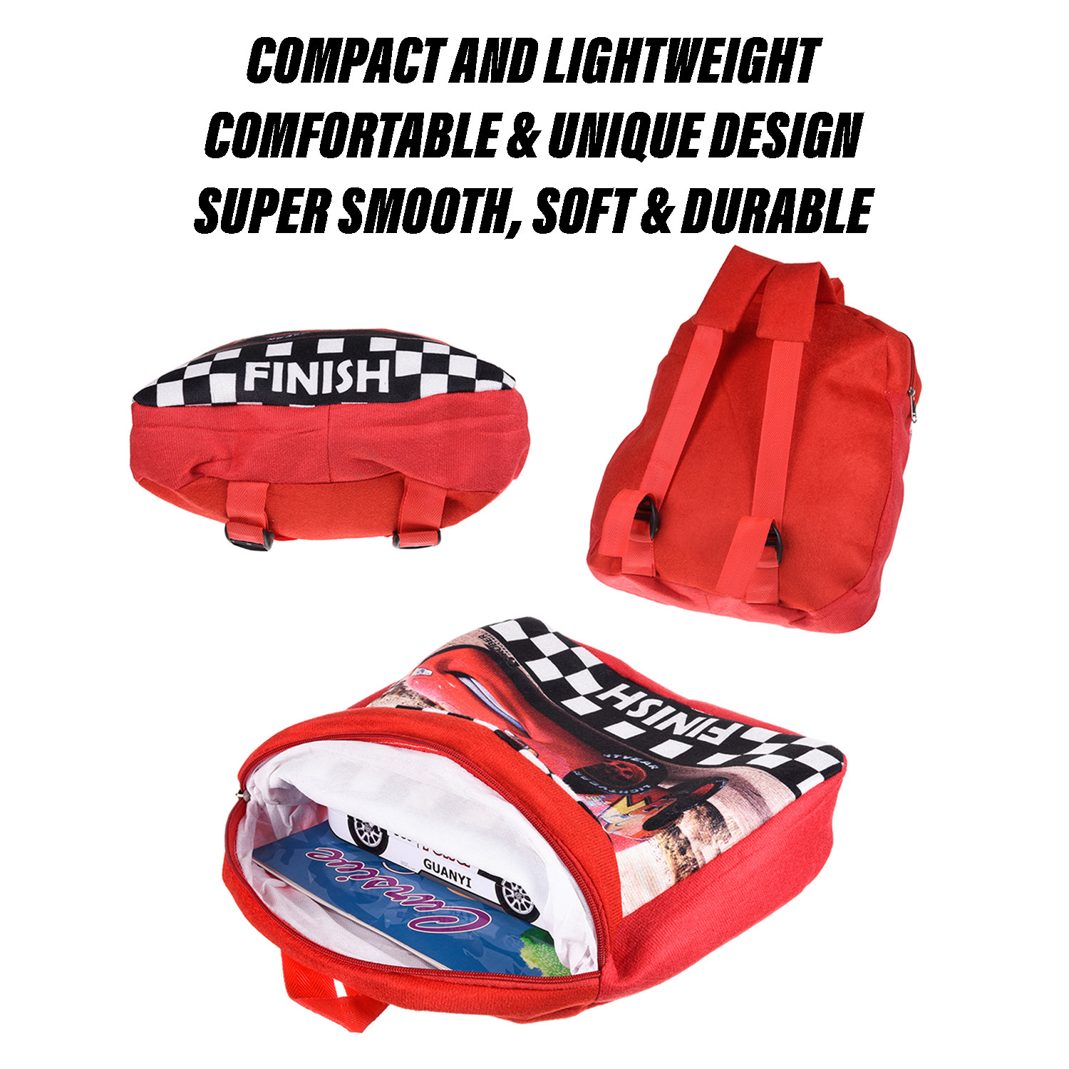 Kuber Industries Fictional Racing Car Kids School Bag | School Bag For Boys | School Bag For Girls | 1 Compartment Velvet Bagpack for Kids Travel | School | Red