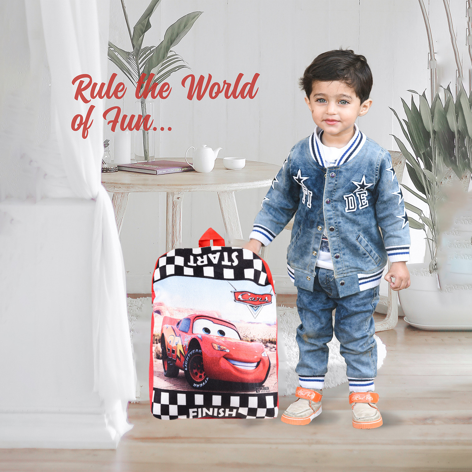 Kuber Industries Fictional Racing Car Kids School Bag | School Bag For Boys | School Bag For Girls | 1 Compartment Velvet Bagpack for Kids Travel | School | Red