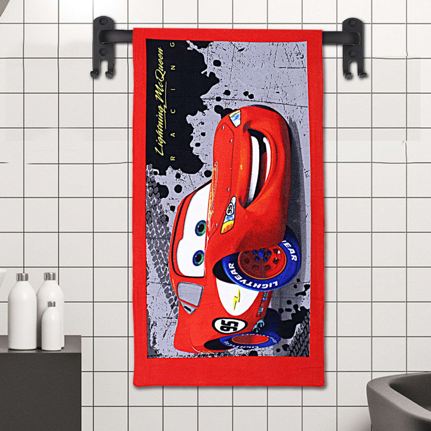 Kuber Industries Fictional Red Car Kids Bath Towel|Soft Cotton Towel For Kids|Sides Stitched Baby Towel|400 GSM Toddler Bath Towel|24x48 Inch (Red)