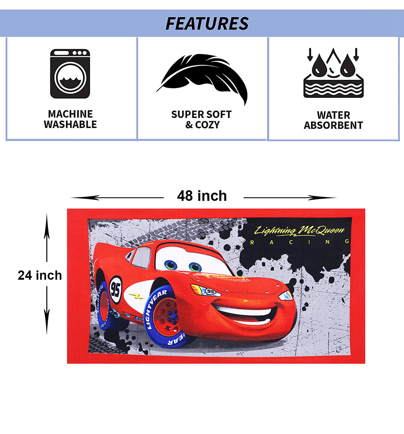 Kuber Industries Fictional Red Car Kids Bath Towel|Soft Cotton Towel For Kids|Sides Stitched Baby Towel|400 GSM Toddler Bath Towel|24x48 Inch (Red)