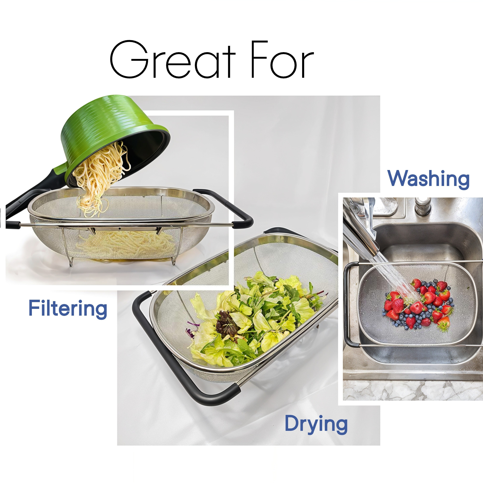 Kuber Industries Fine Mesh 6 Quart Over The Sink Colander Stainless Steel with Expandable Rubber Grip Handles  Fruits and Vegetable Washing Basket  Food Strainer Basket for Kitchen  Silver