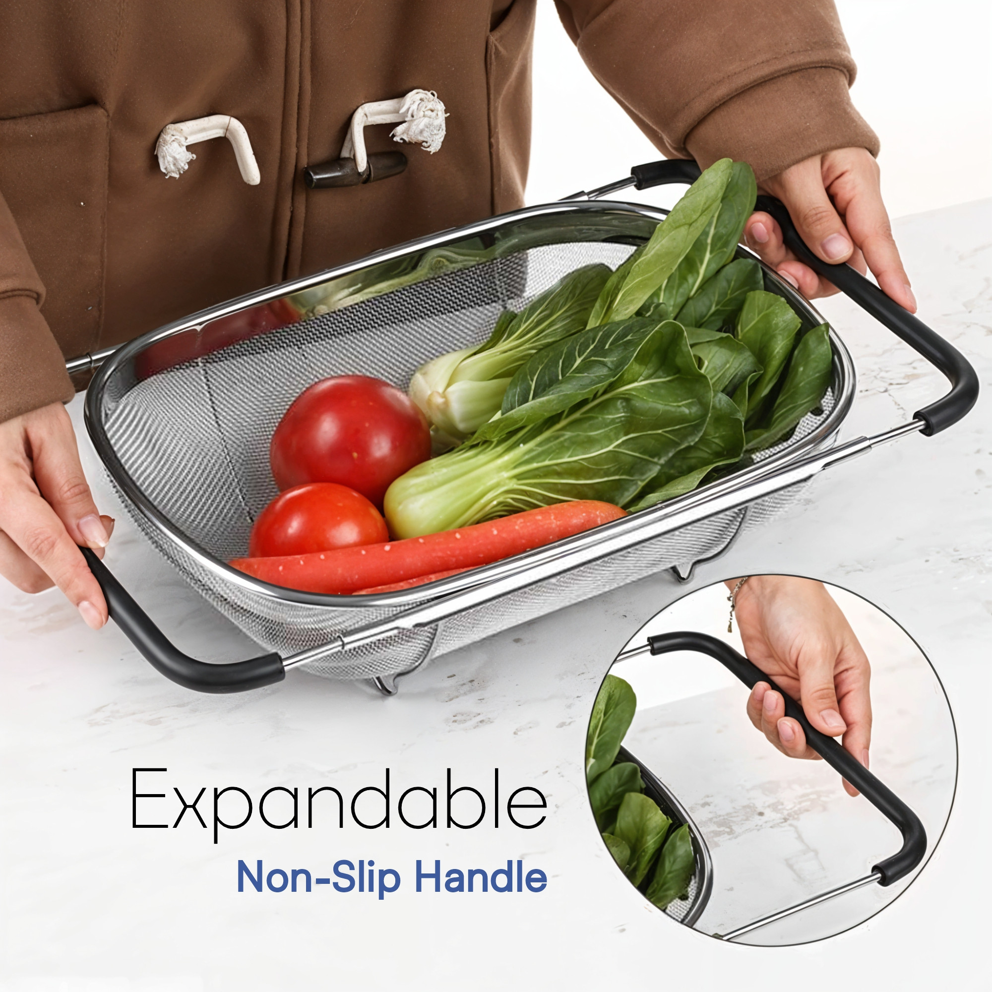 Kuber Industries Fine Mesh 6 Quart Over The Sink Colander Stainless Steel with Expandable Rubber Grip Handles  Fruits and Vegetable Washing Basket  Food Strainer Basket for Kitchen  Silver