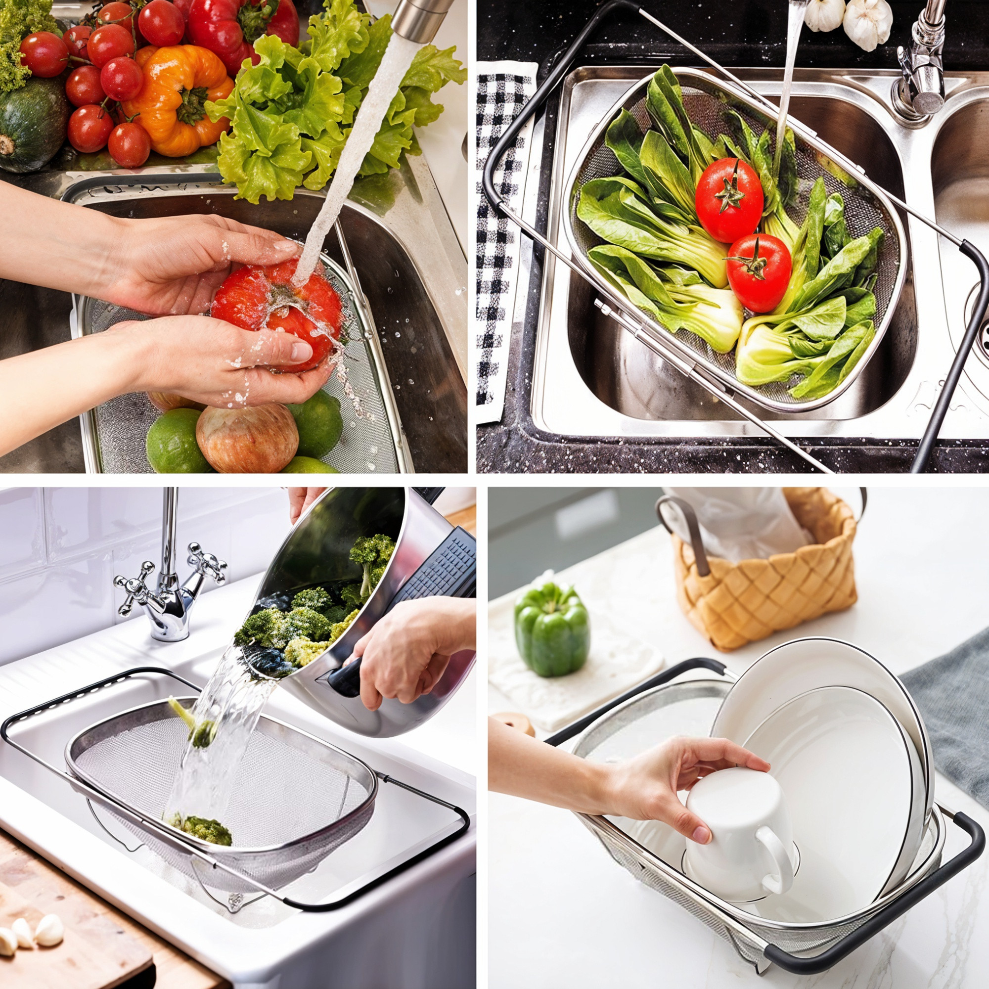 Kuber Industries Fine Mesh 6 Quart Over The Sink Colander Stainless Steel with Expandable Rubber Grip Handles  Fruits and Vegetable Washing Basket  Food Strainer Basket for Kitchen  Silver