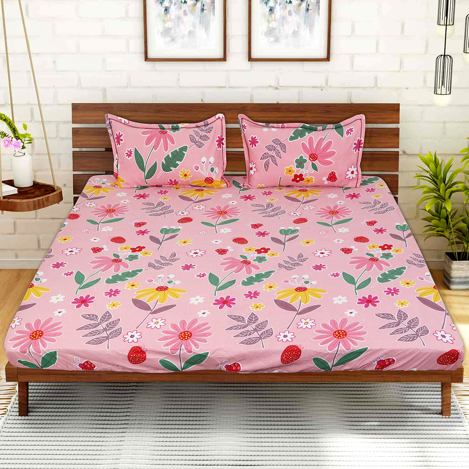 Kuber Industries Fitted Double Bedsheet|Floral Print Premium Glace Cotton Elastic Bedsheet With Two Pillow Covers,72 x 78 Inch(Pink)