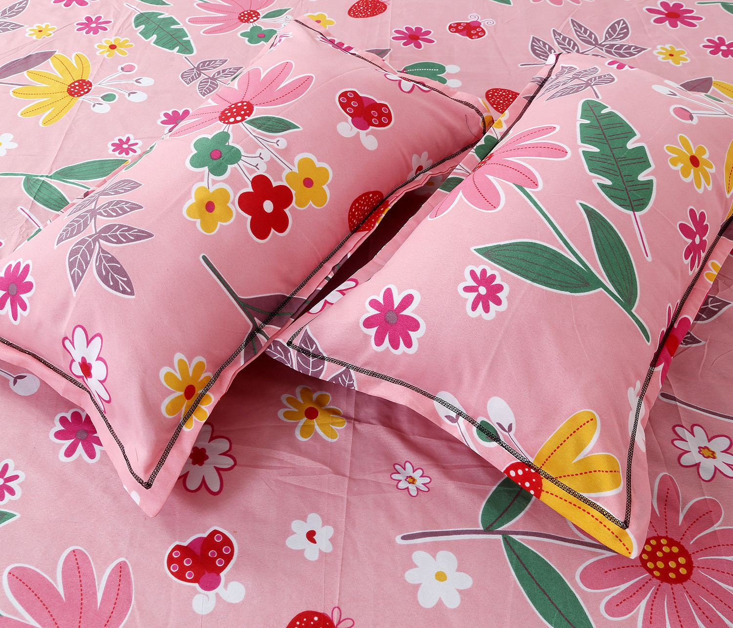 Kuber Industries Fitted Double Bedsheet|Floral Print Premium Glace Cotton Elastic Bedsheet With Two Pillow Covers,72 x 78 Inch(Pink)