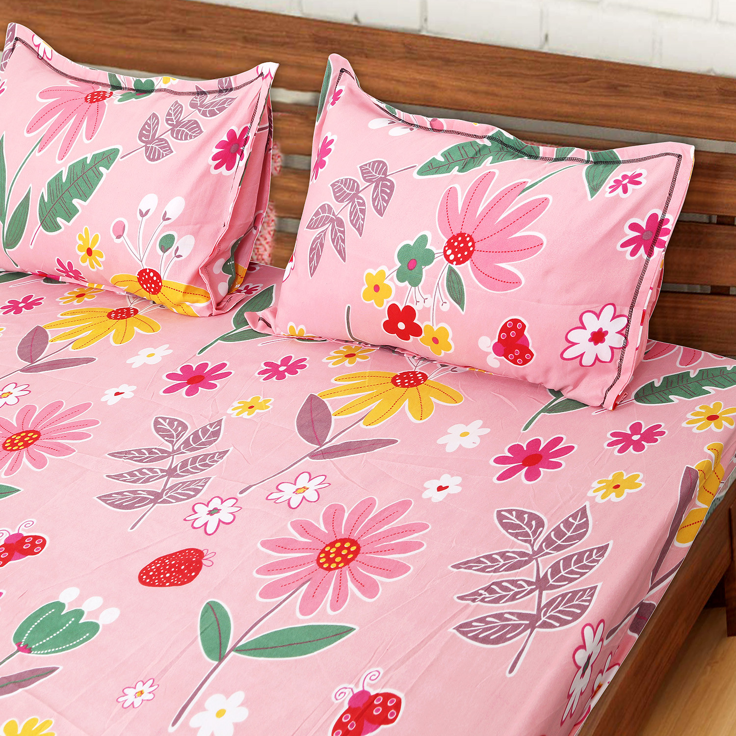 Kuber Industries Fitted Double Bedsheet|Floral Print Premium Glace Cotton Elastic Bedsheet With Two Pillow Covers,72 x 78 Inch(Pink)