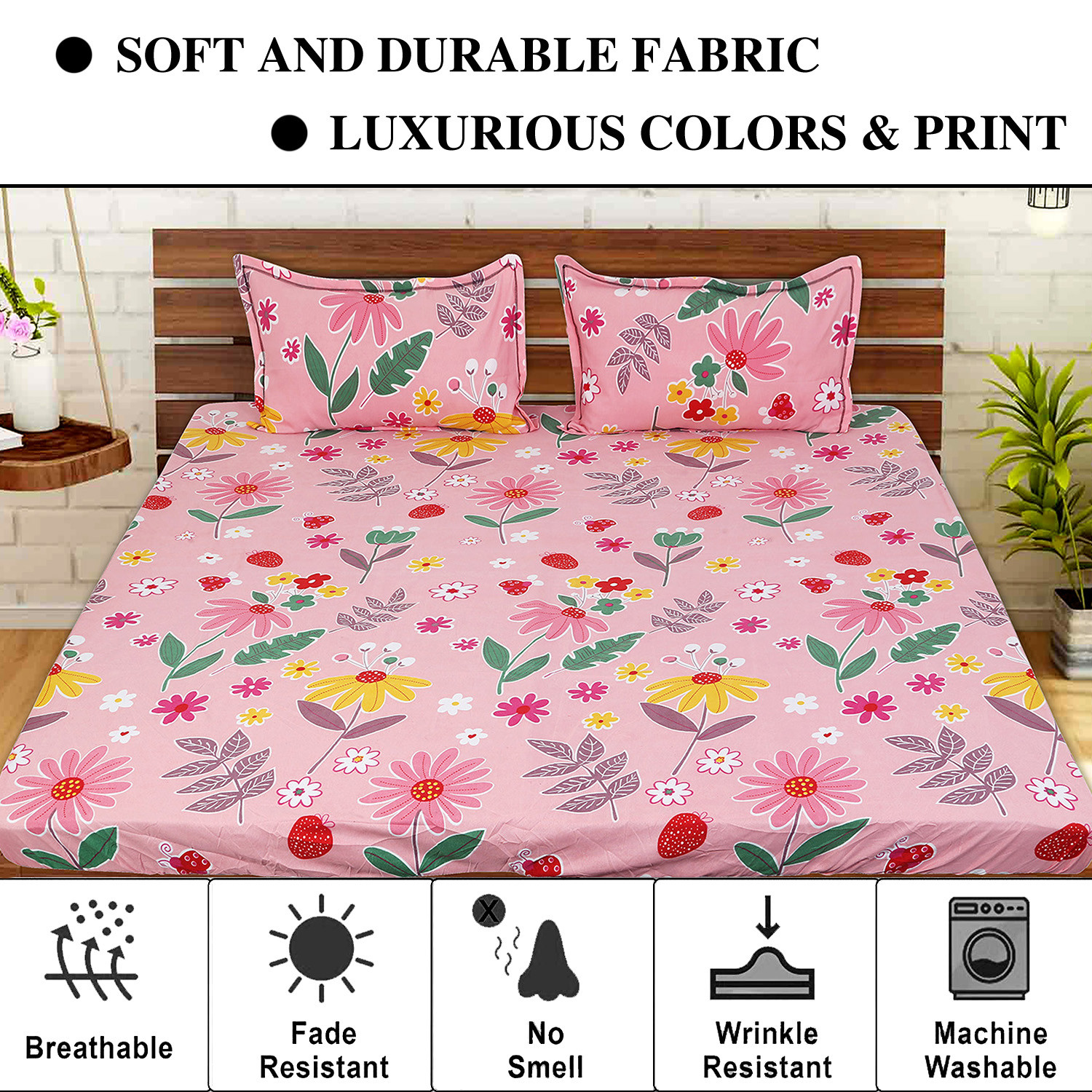 Kuber Industries Fitted Double Bedsheet|Floral Print Premium Glace Cotton Elastic Bedsheet With Two Pillow Covers,72 x 78 Inch(Pink)